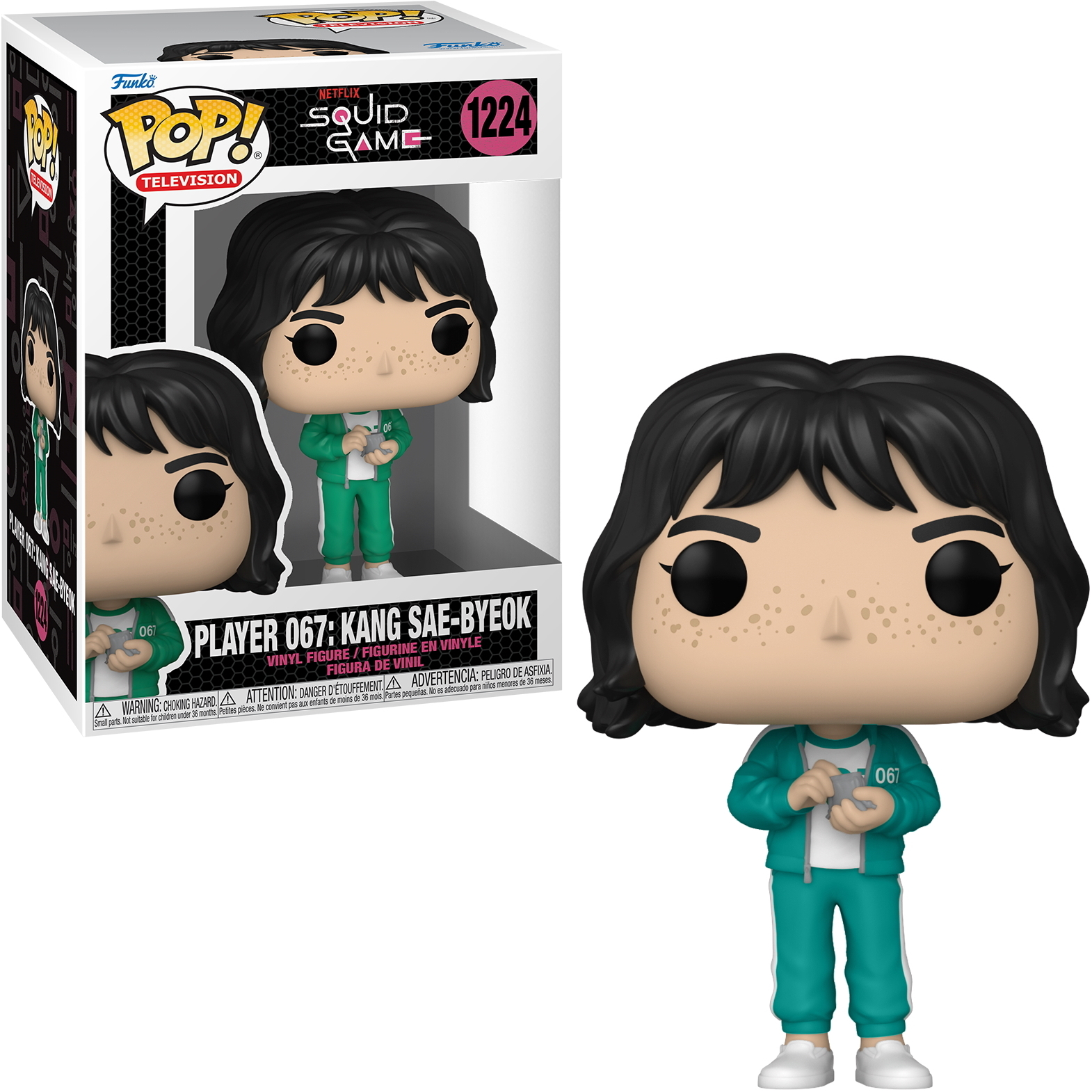 Funko Pop di Kang Sae-byeok da Squid Game, in una scatola e in piedi.