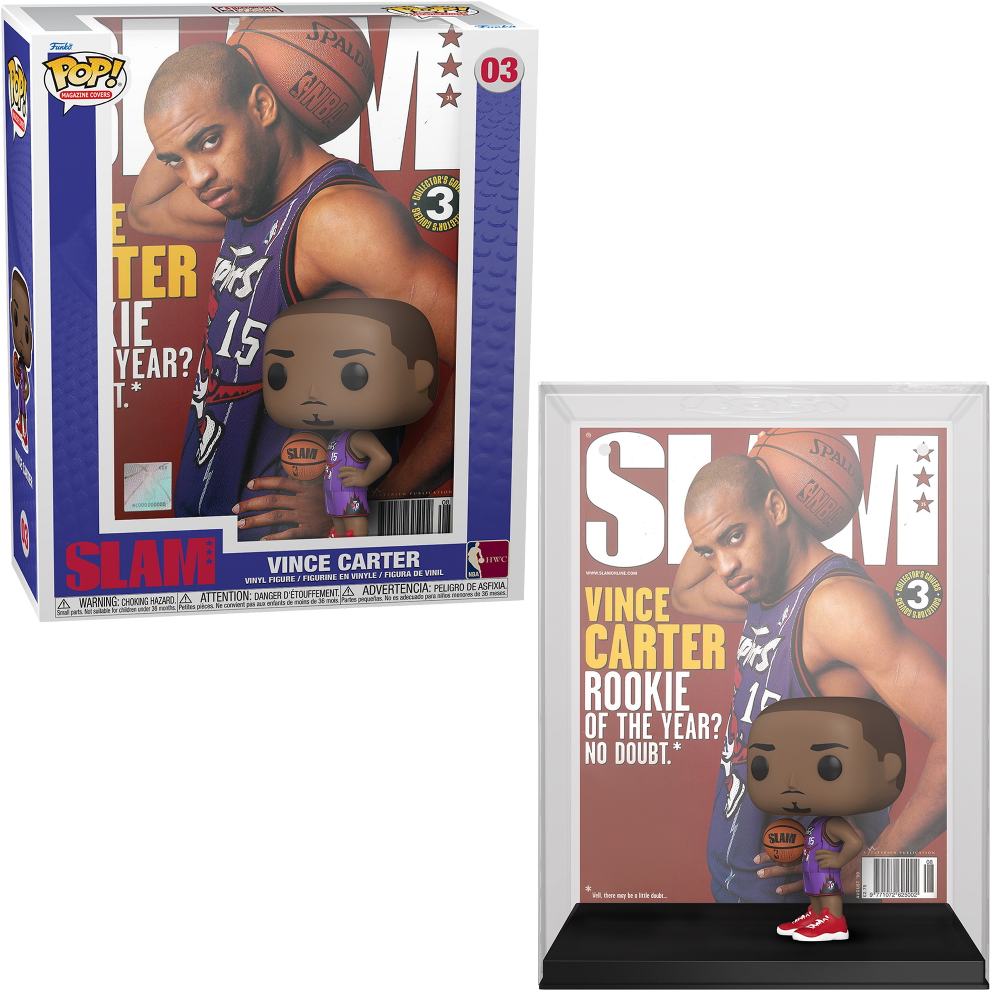 Vince Carter Funko Pop Figur in Box und Vitrine. Er hält einen Basketball.