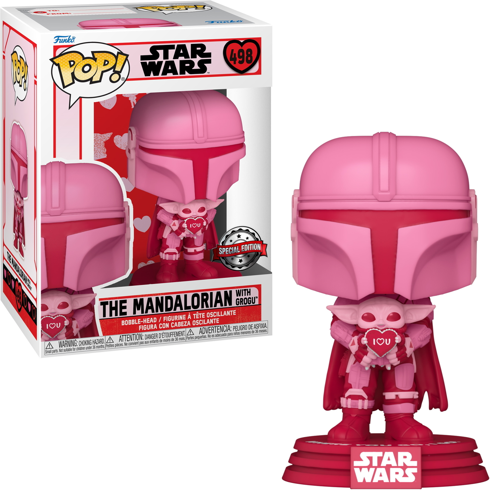 Eine pinkfarbene Mandalorian Funko Pop Figur mit einem Grogu-Herz. Special Edition Box.