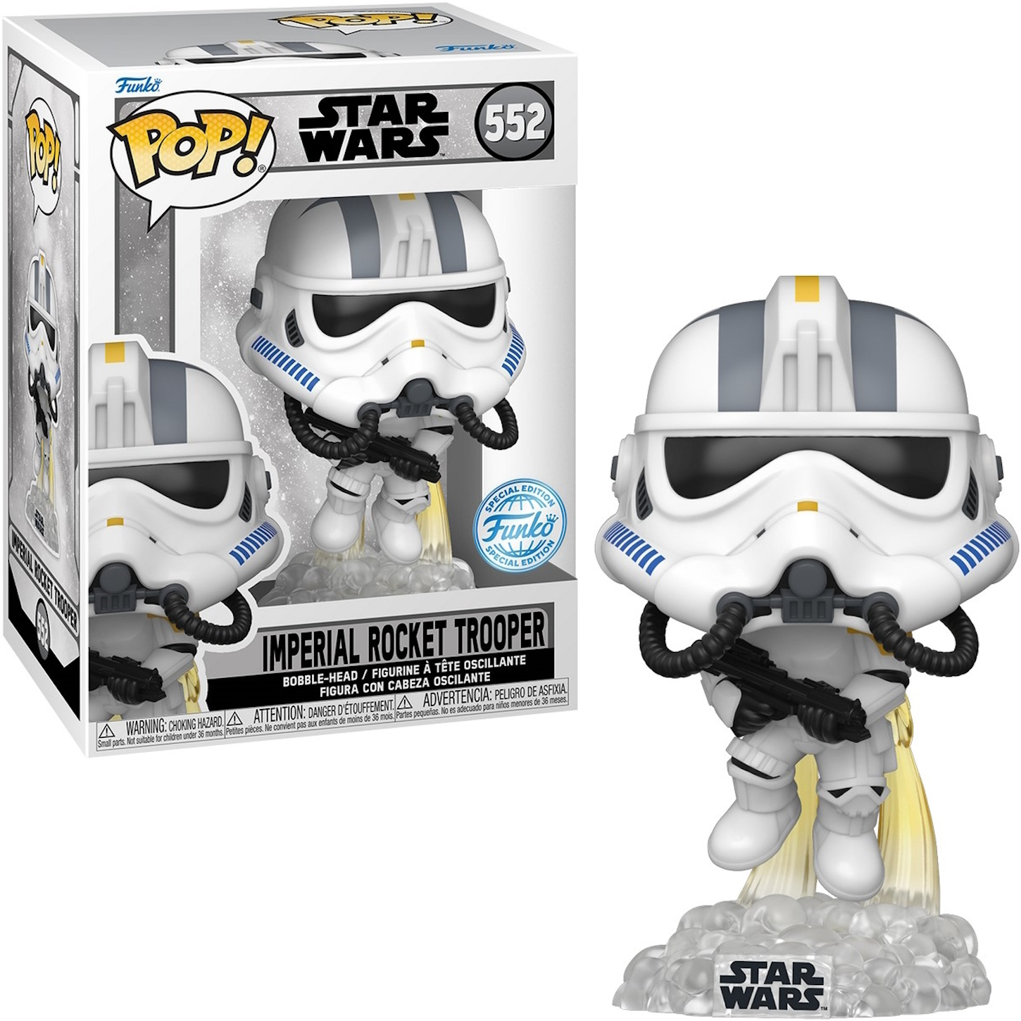 Figura Imperial Rocket Trooper Funko Pop. Armatura bianca, casco nero e con blaster, su un supporto.