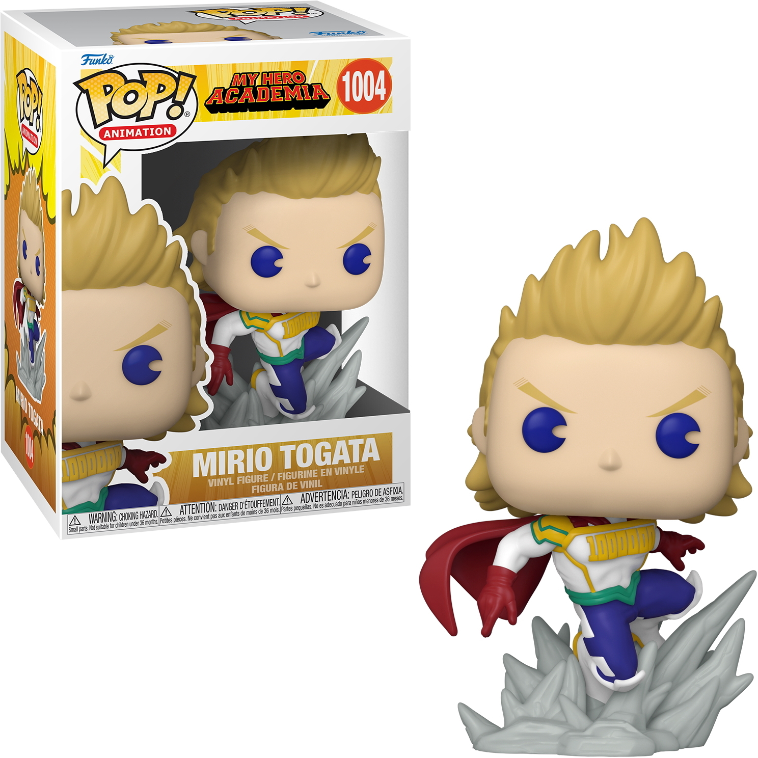Figurka Mirio Togata z My Hero Academia, w pudełku, pozująca na skalistej podstawie.