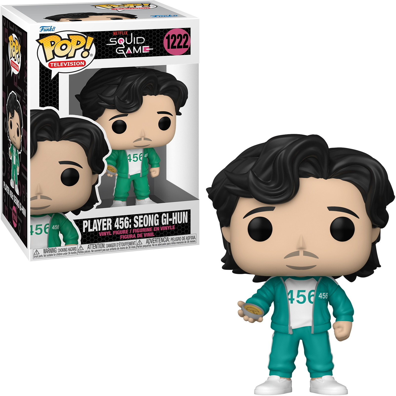 Figurka Funko Pop Gracza 456 z Squid Game. Nosi zielony dres i trzyma monetę.