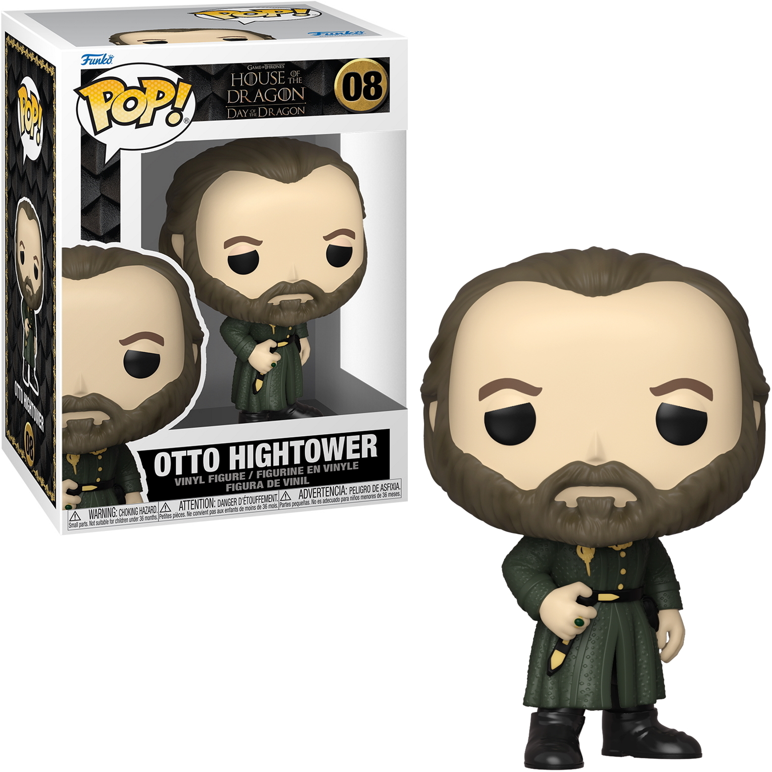 Figura di Otto Hightower Funko Pop nella scatola. Sfondo bianco.