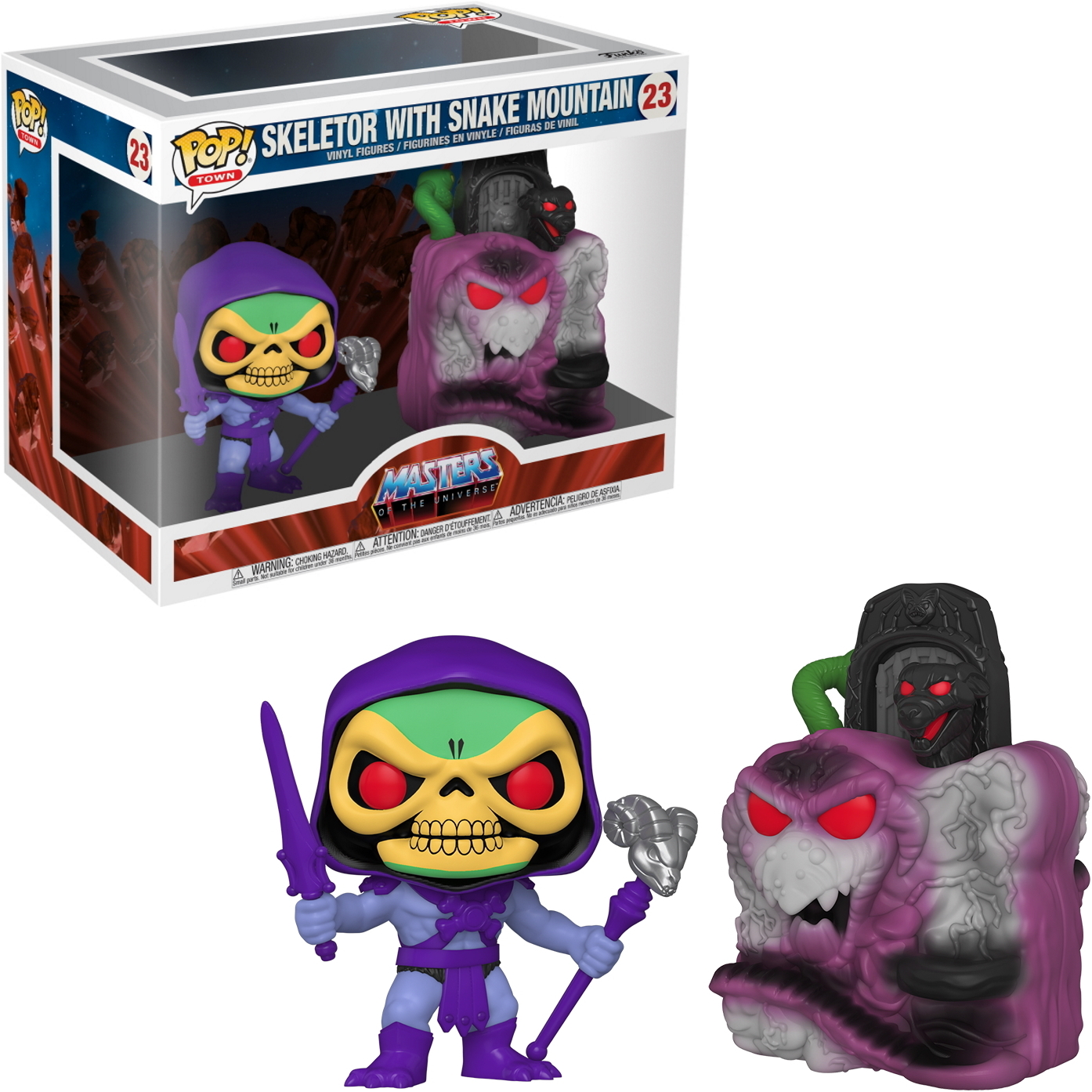 Skeletor-Actionfigur und Snake Mountain-Spielzeug in der Box.