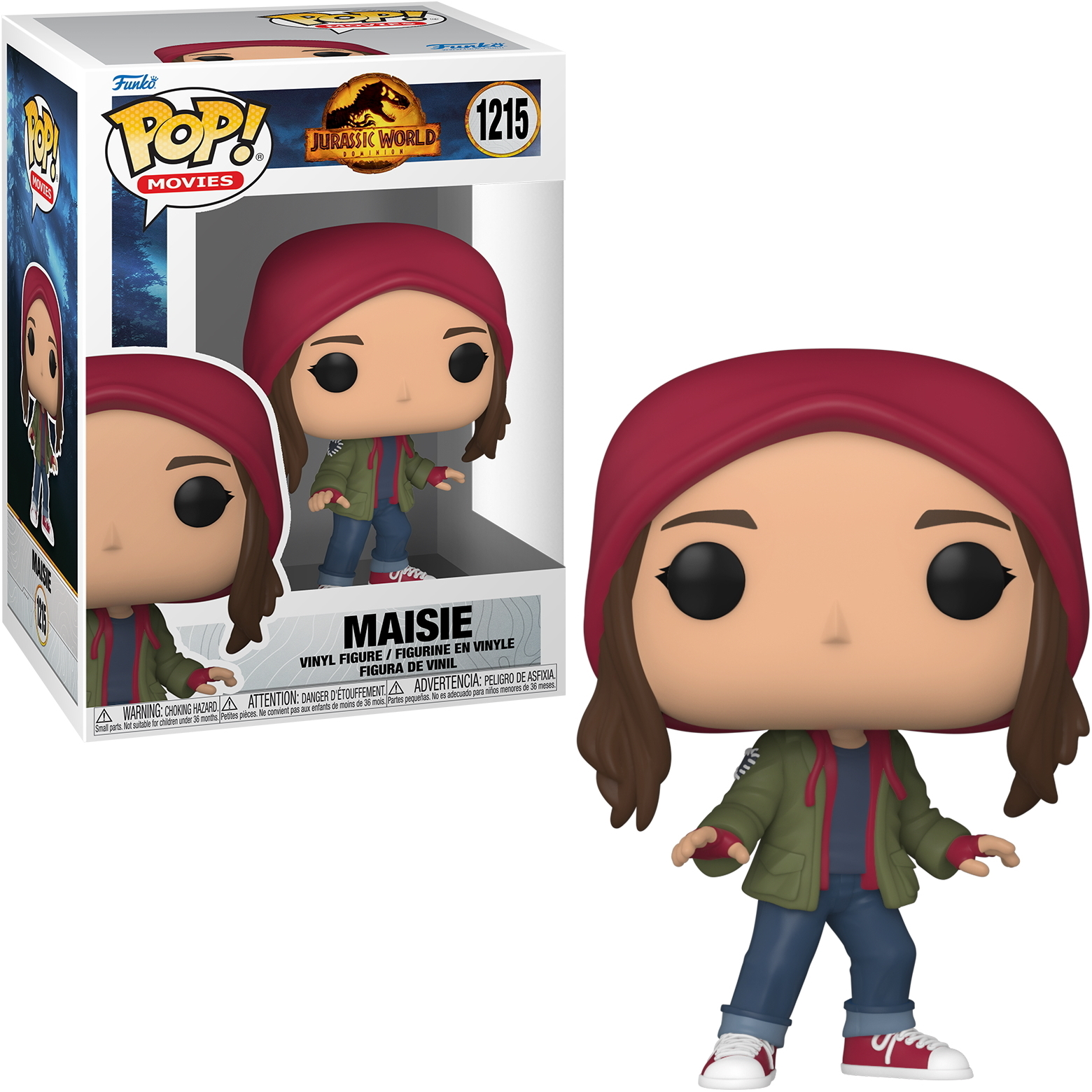 Figura de Maisie de Jurassic World, en una caja. Maisie lleva una gorra roja y una chaqueta verde.