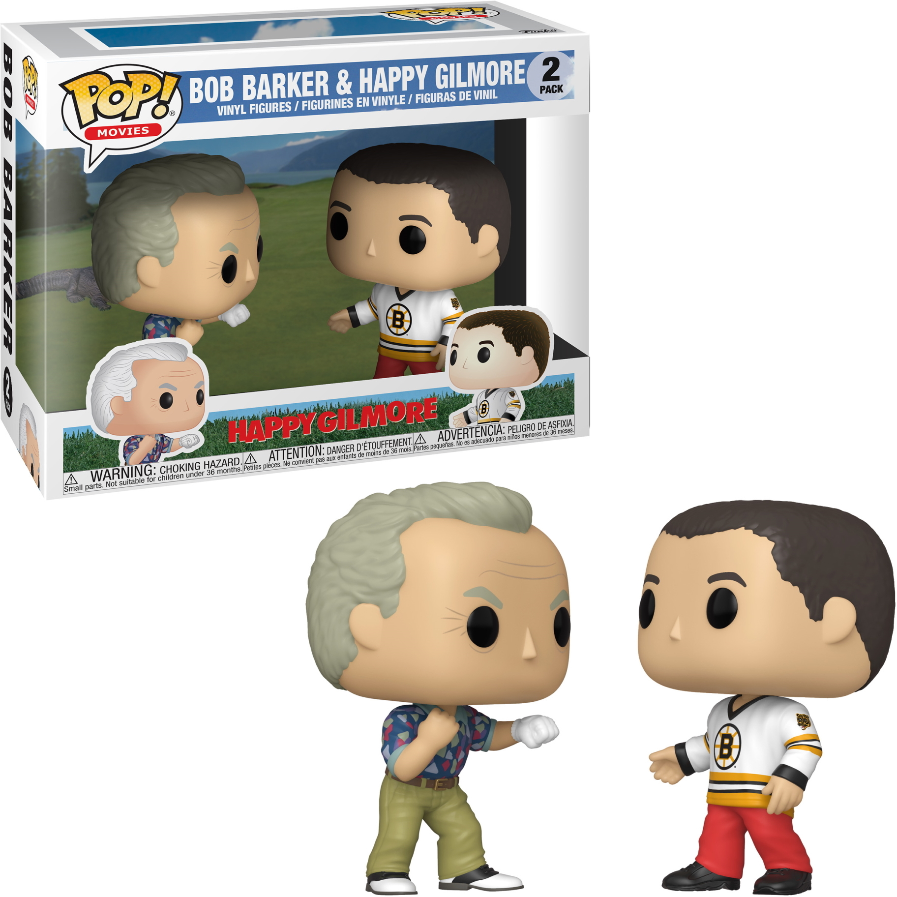 Funko Pop! Bob Barker und Happy Gilmore Figuren in einer Box und als Figuren.