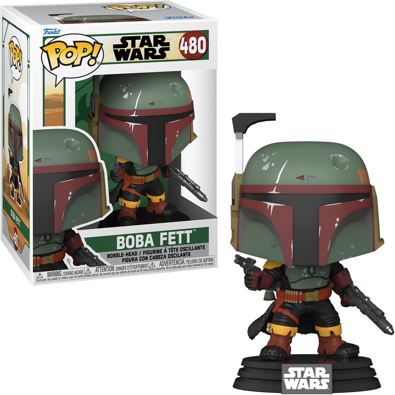 Boba Fett Funko Pop Figur, in und aus der Box. Grüner Helm, hält eine Waffe, auf einem Ständer.