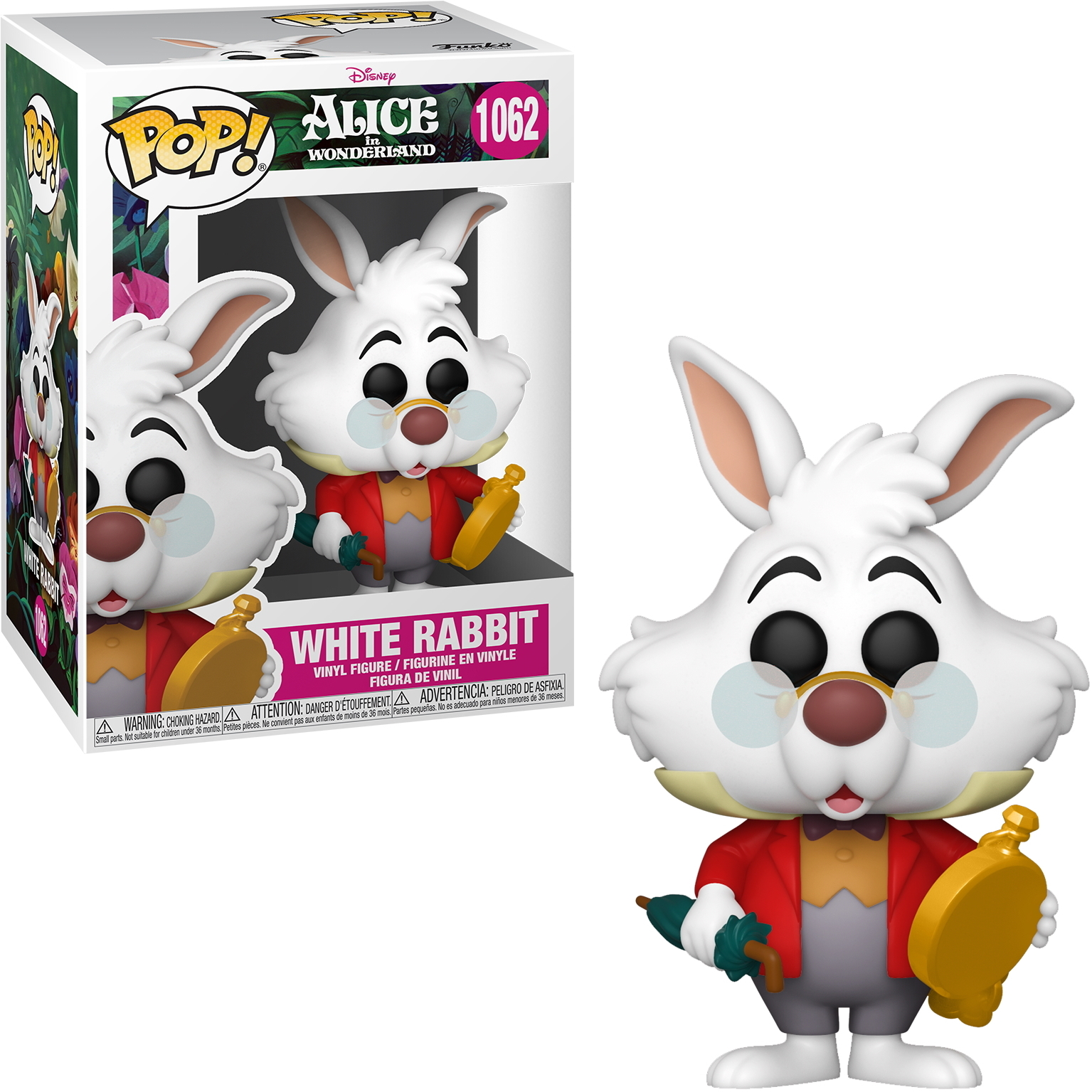 Figura Funko Pop del Bianconiglio in cappotto rosso con orologio da tasca e scatola.