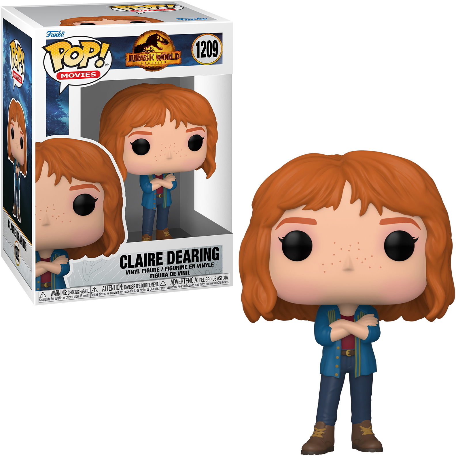 Funko Pop Figur von Claire Dearing aus Jurassic World, mit Figur und Box sichtbar.