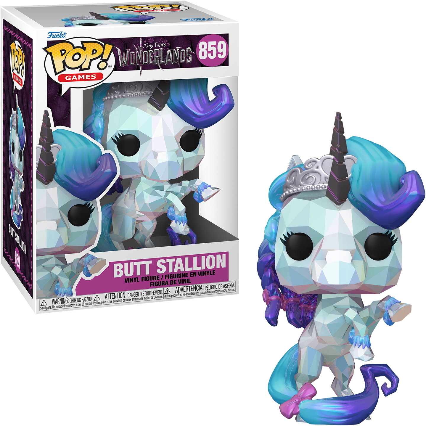 Una figura Funko Pop di Butt Stallion in una scatola con una figura di unicorno a destra.