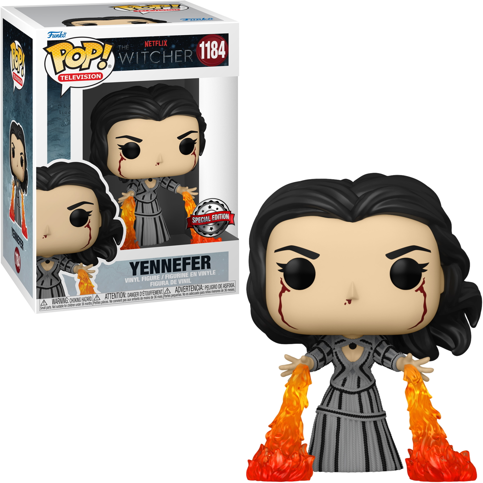 Figura Funko Pop di Yennefer. Figura con fiamme, in una scatola. Sfondo bianco. Da The Witcher.