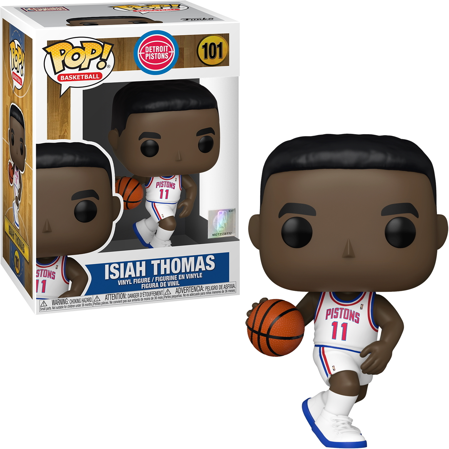 Eine Funko Pop Figur von Isiah Thomas, die ein Detroit Pistons Trikot trägt und einen Basketball hält.