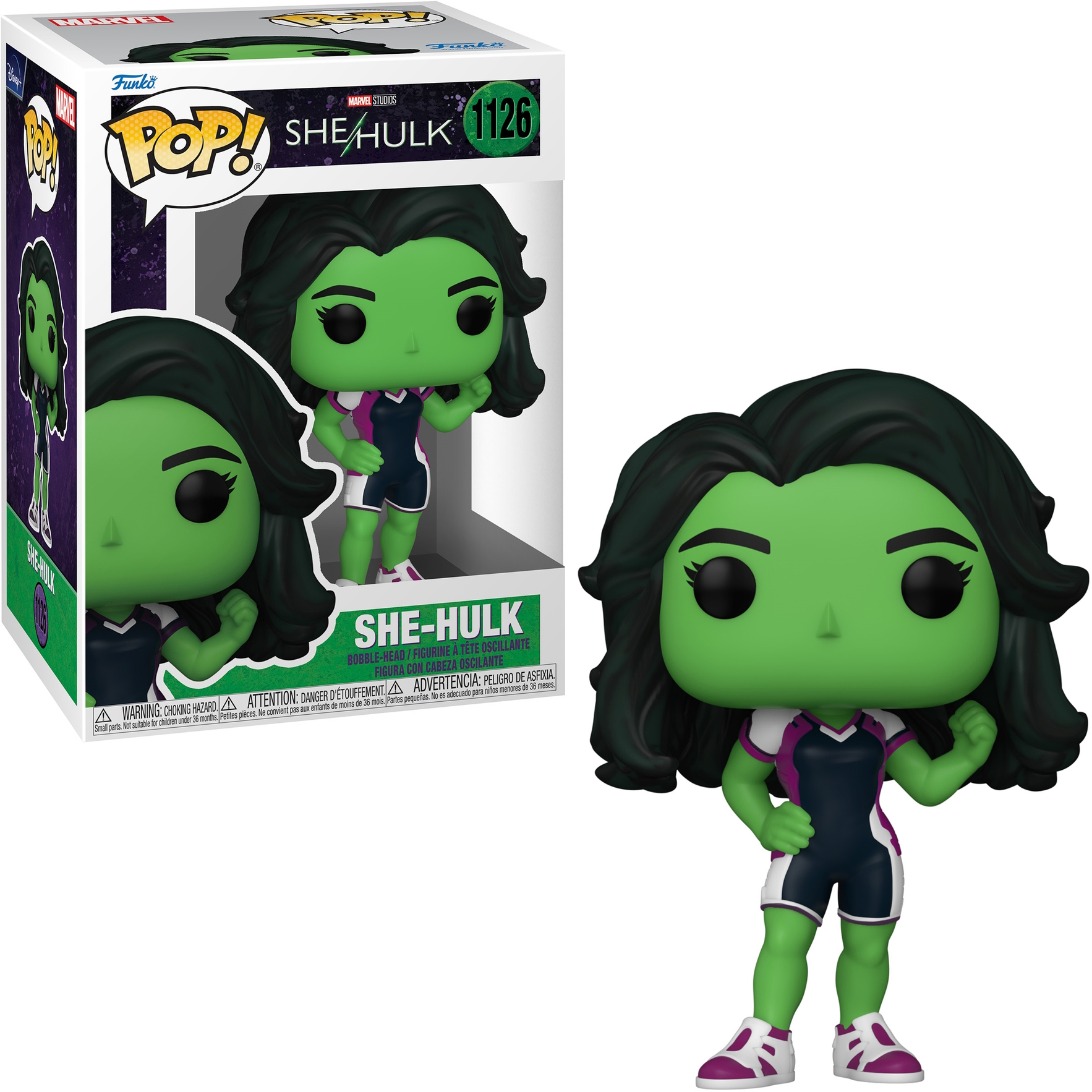 She-Hulk Funko Pop Figur in und aus der Box. Die Figur ist grün und trägt eine Sportuniform.