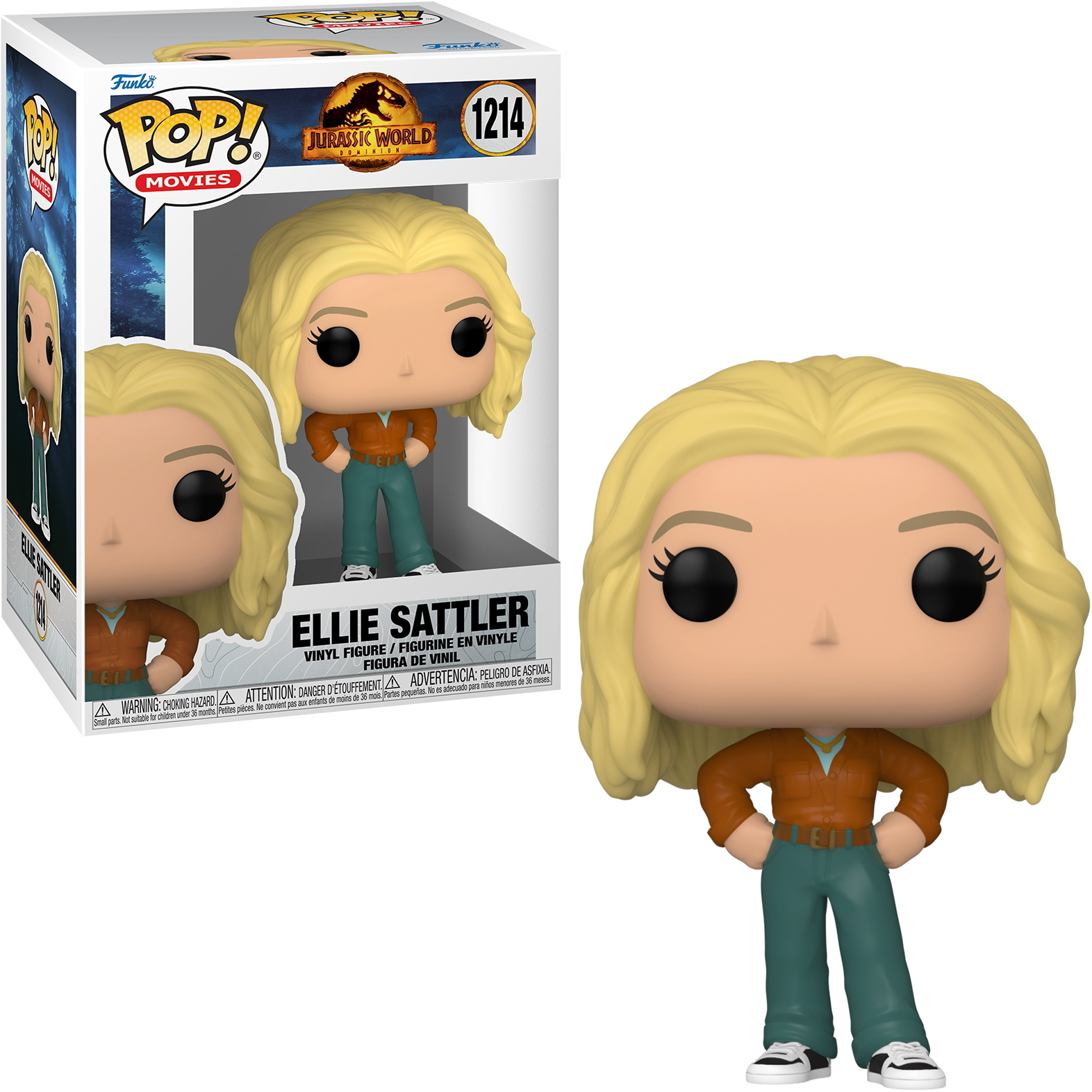 Figura Funko Pop de Ellie Sattler de Jurassic World. En caja y fuera. Cabello rubio, chaqueta marrón.