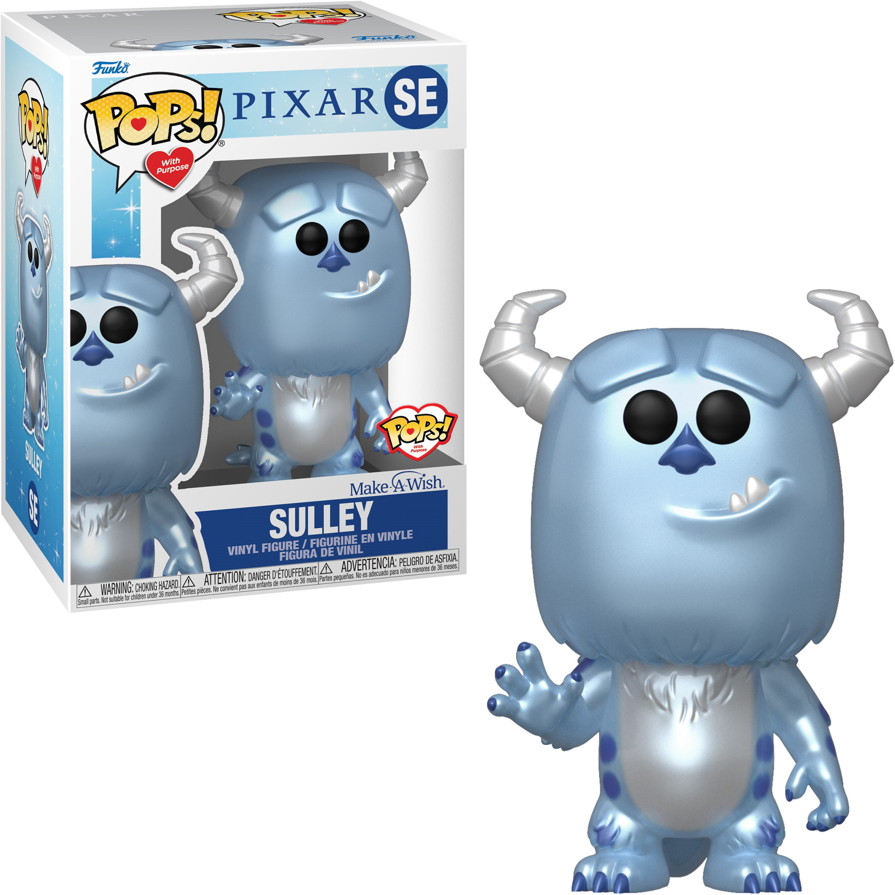 Statua Sulley Funko Pop!. Mostro azzurro con corna argentate, sorridente, in scatola con 'Make A Wish'.
