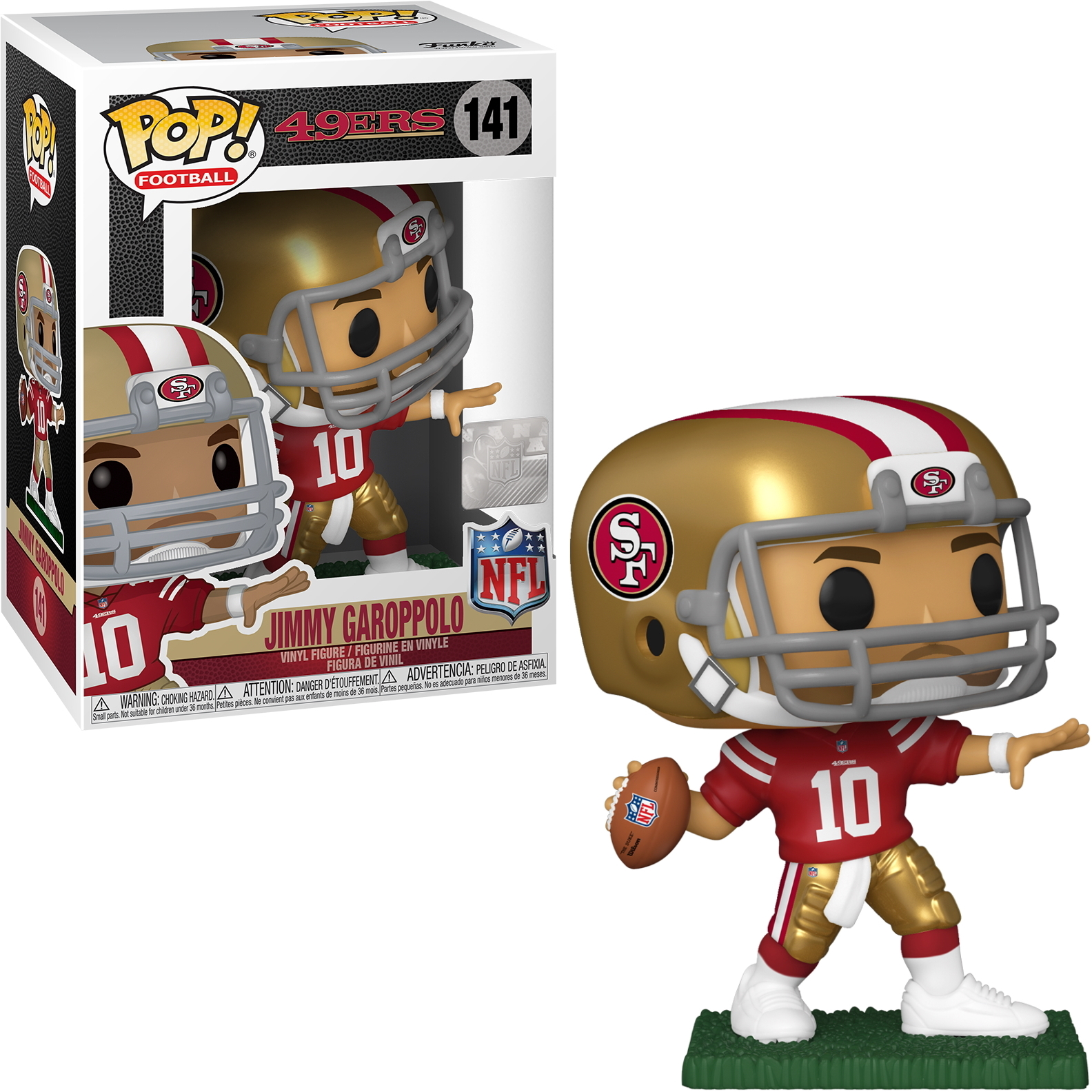 Funko Pop Figur von Jimmy Garoppolo in der Box. Er trägt einen goldenen Helm und ein rotes Trikot, hält einen Football.