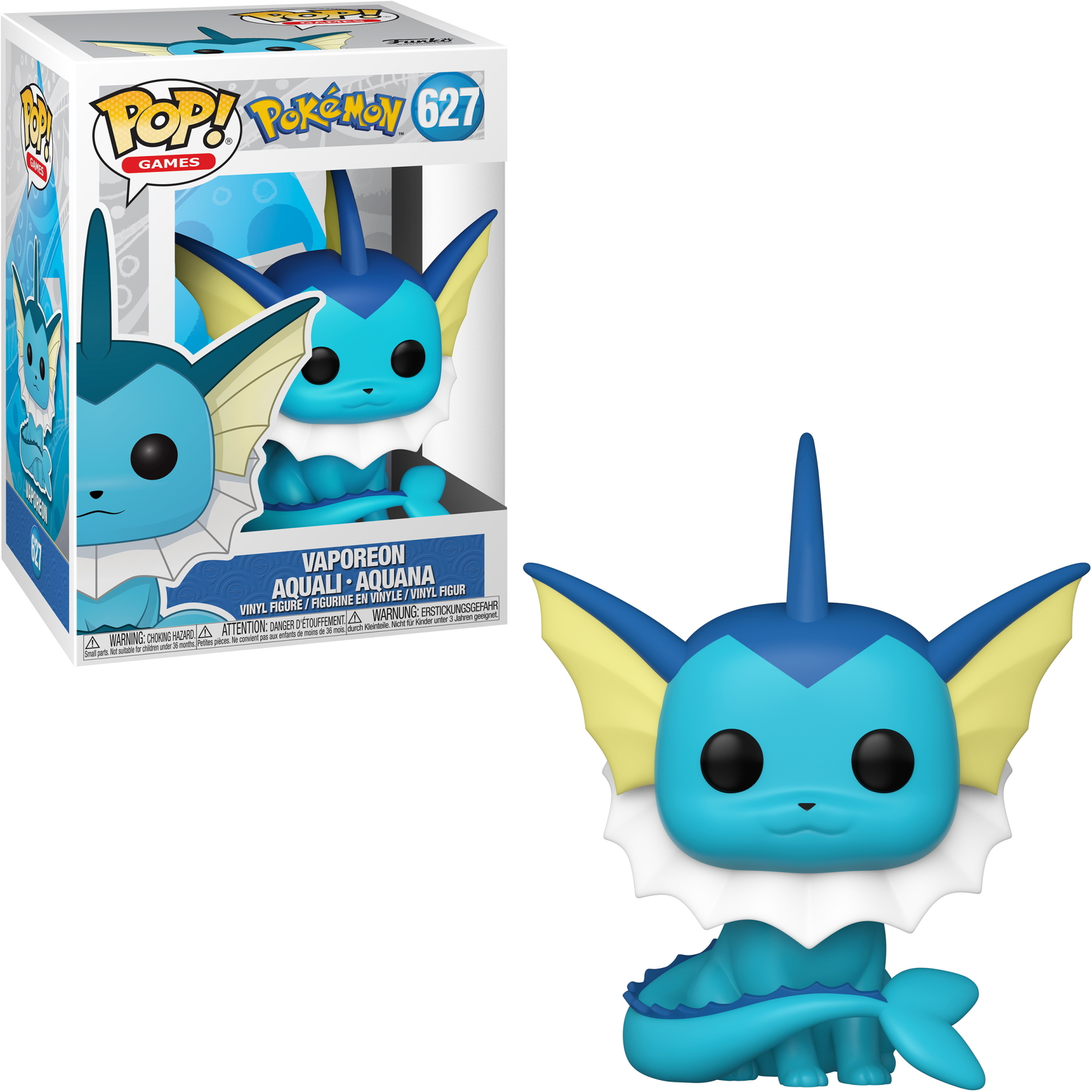 Funko Pop di Vaporeon di Pokémon, scatola sullo sfondo.