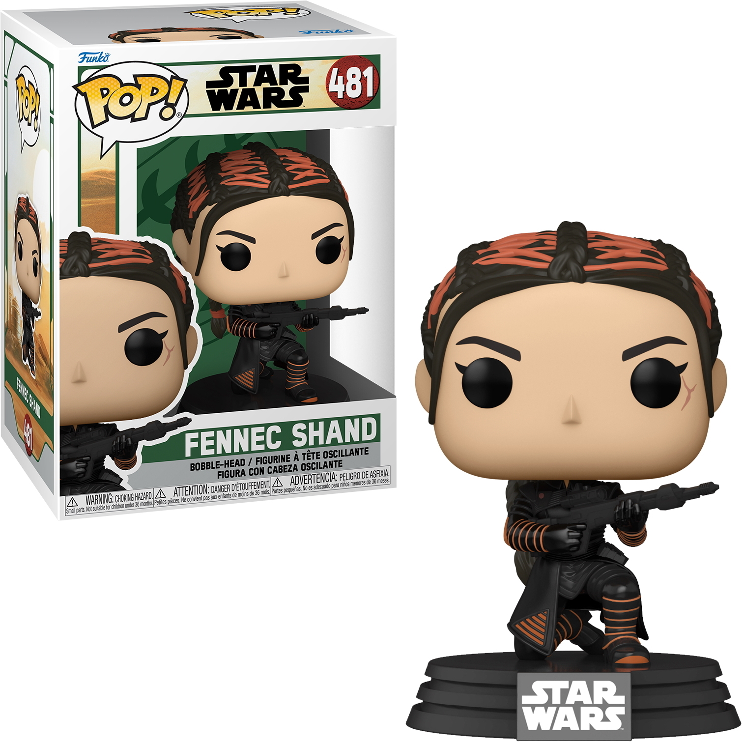 Fennec Shand Funko Pop Figur in einer Box. Die Figur hat orangefarbenes Haar und ein schwarzes Outfit.