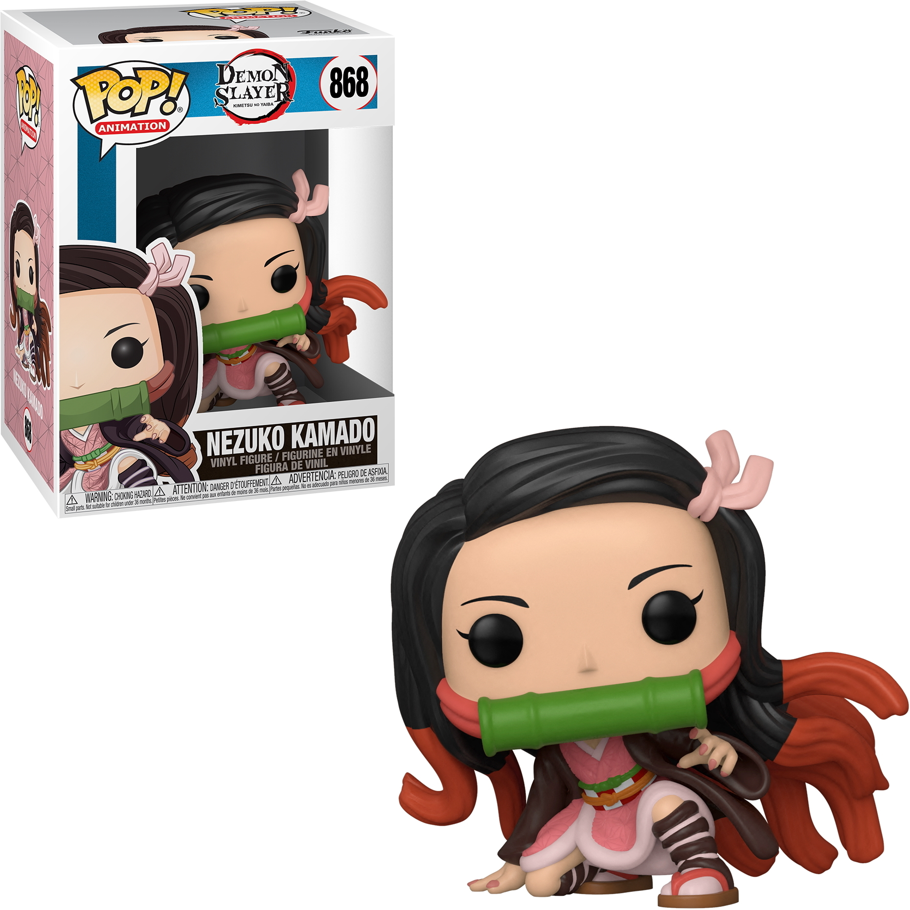 Nezuko Kamado Funko Pop Figur. Die Figur ist in einer Box und eine Nahaufnahme.