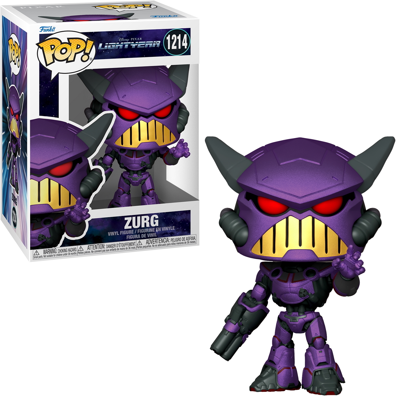 Figurka Zurg Funko Pop, stojąca w pudełku. To fioletowa zabawka z czerwonymi oczami. Tło jest białe.