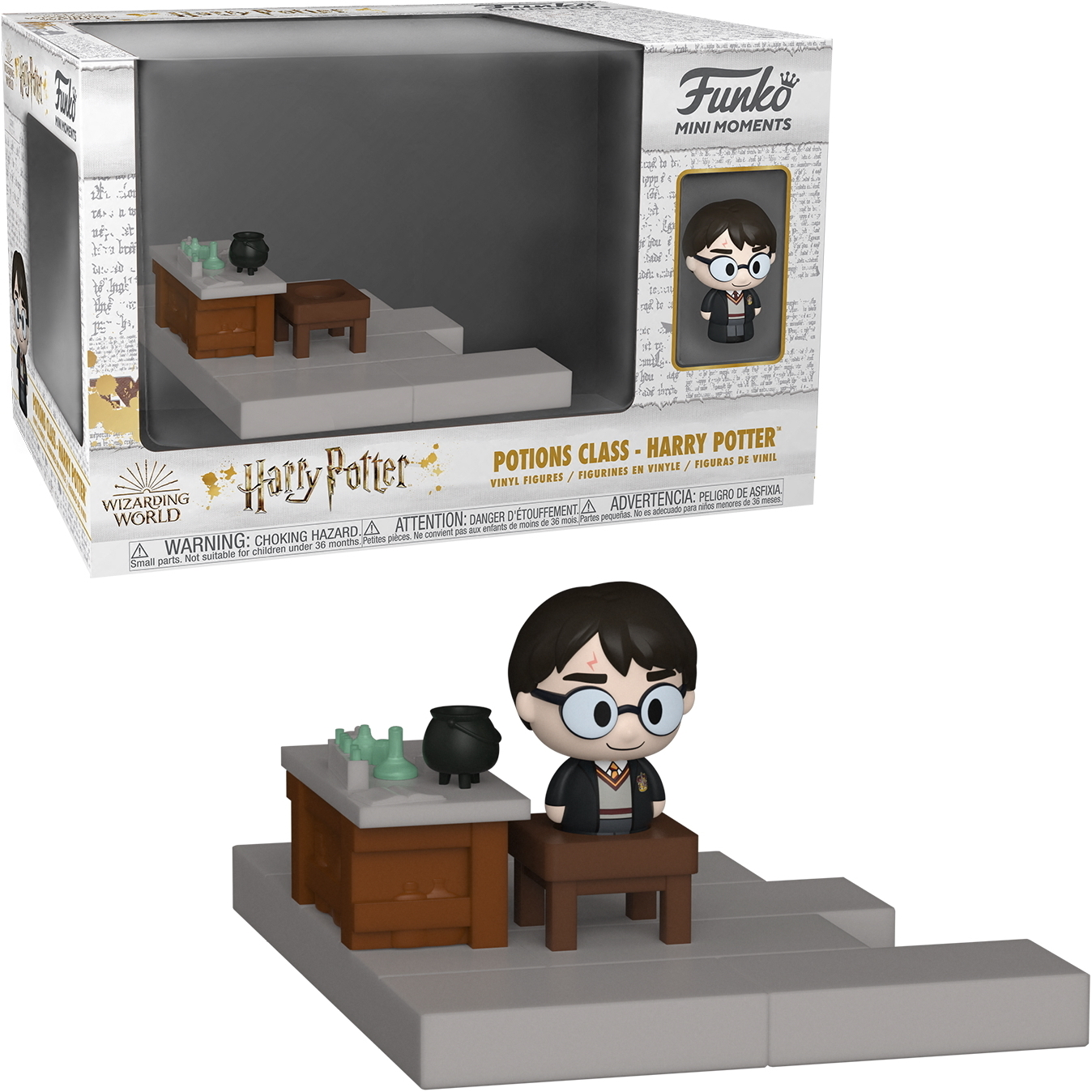 Funko Pop di Harry Potter in una scena di lezione di pozioni, con un calderone e un tavolo. Scatola inclusa.