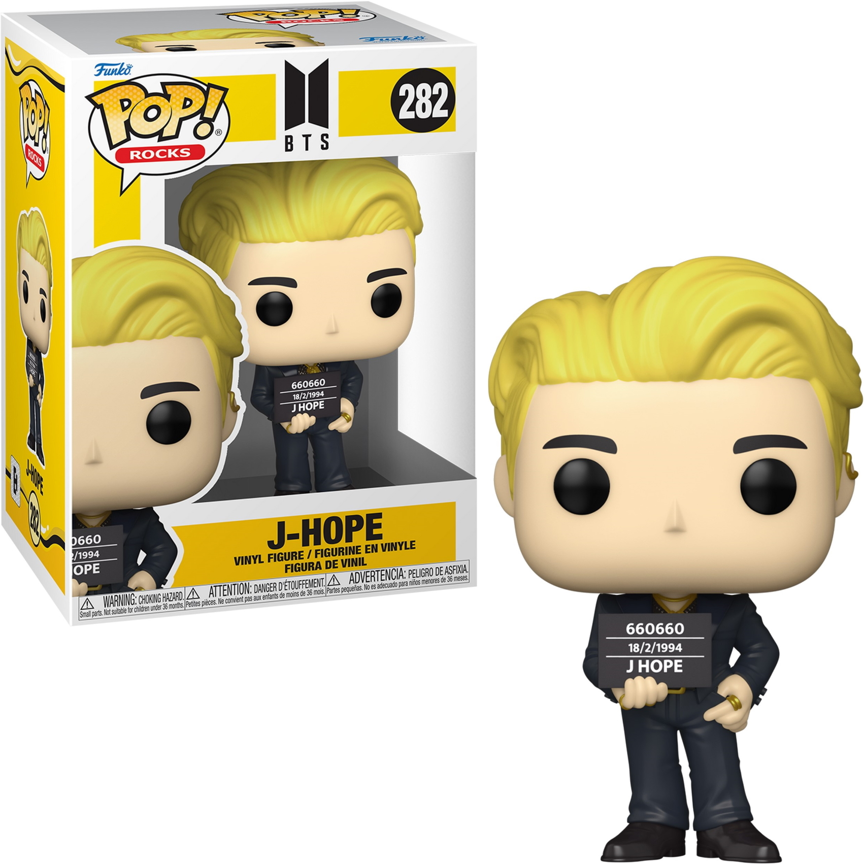 J-Hope Funko Pop Figur und Box. Figur hält Schild. Blondes Haar, schwarzes Outfit. Weißer Hintergrund.