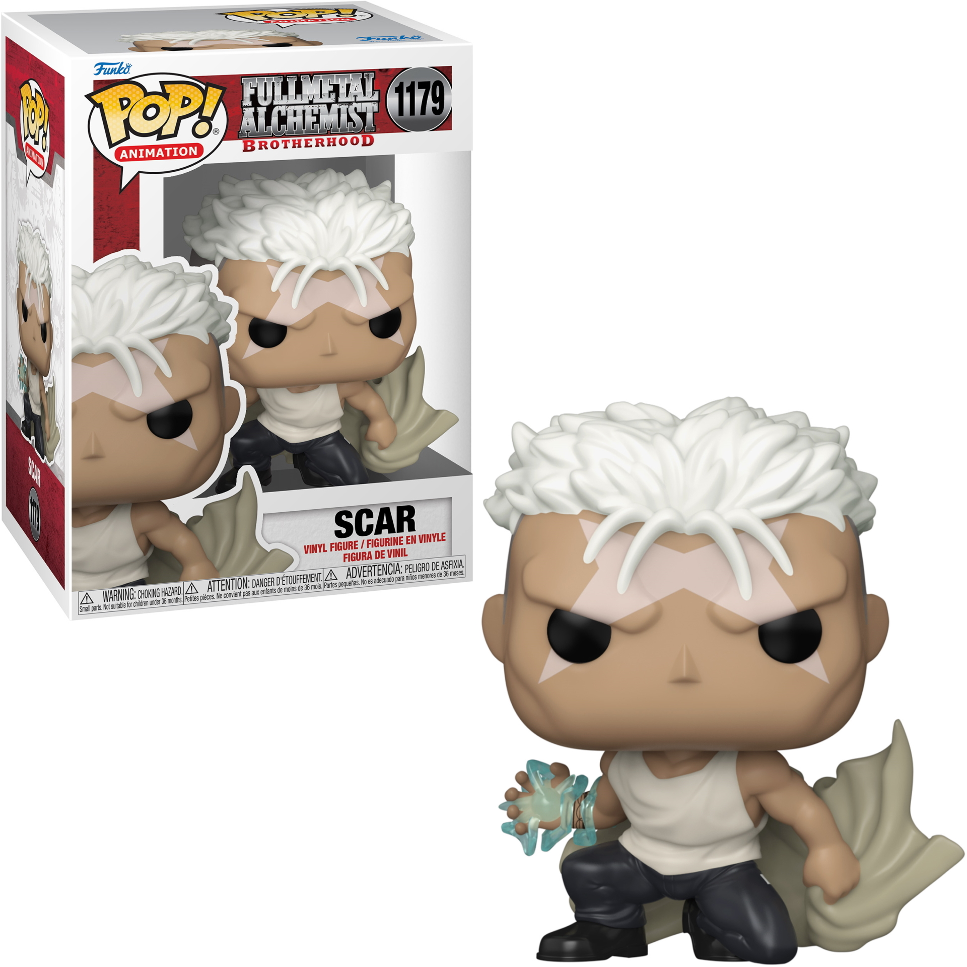 Scar Funko Pop Figur in Box. Fullmetal Alchemist. Weiße Haare, schwarze Hose, Umhang.