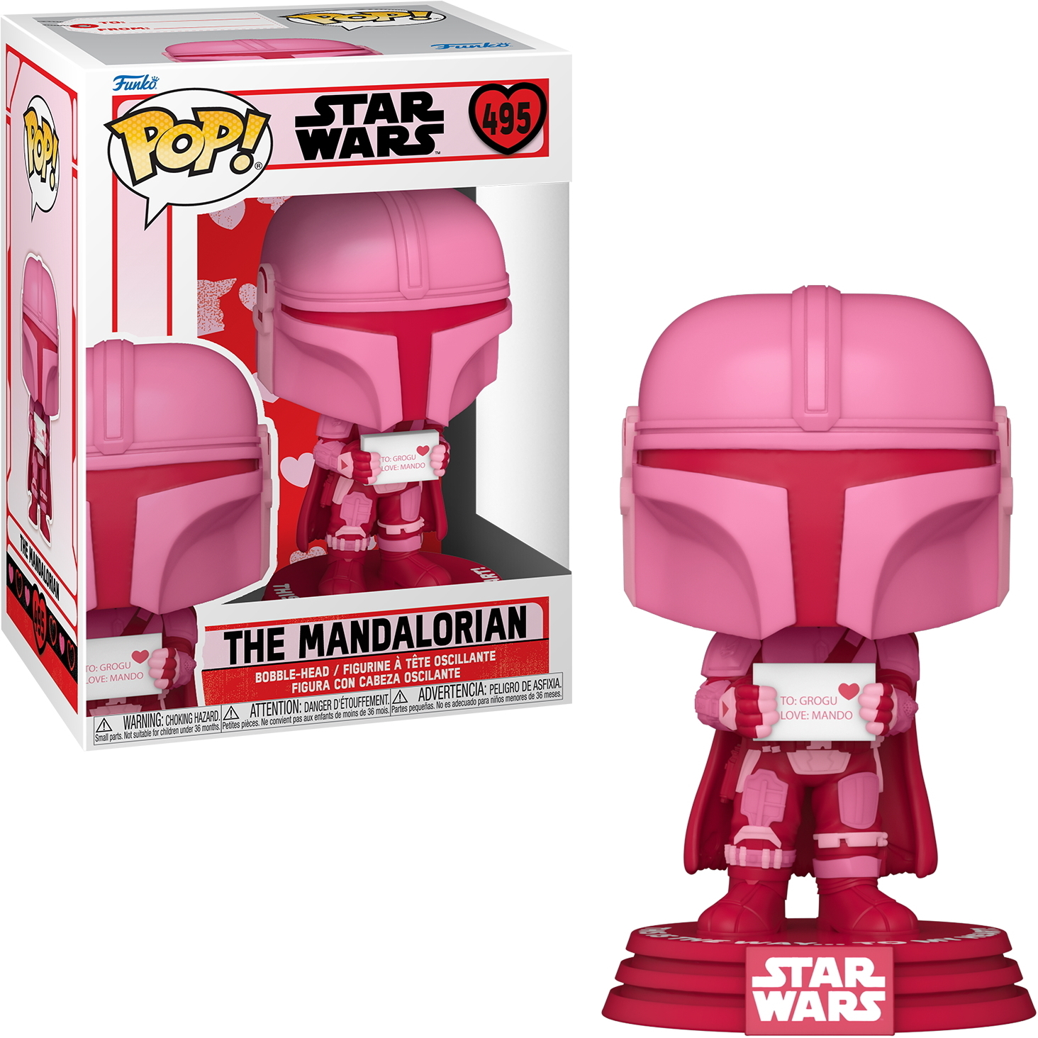 Figura Funko Pop rosa di The Mandalorian che tiene un cartello con scritto 'To: Grogu Love Mando'.