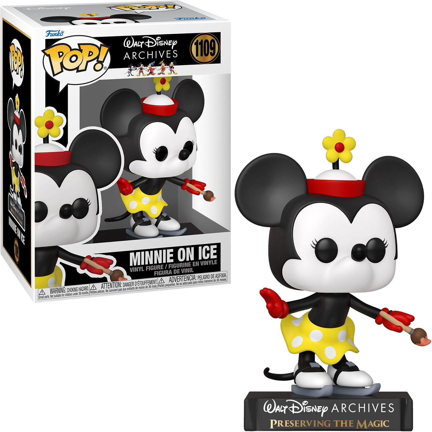 Figurina di Minnie Mouse sui pattini con abito giallo e cappello rosso, in scatola Funko Pop.