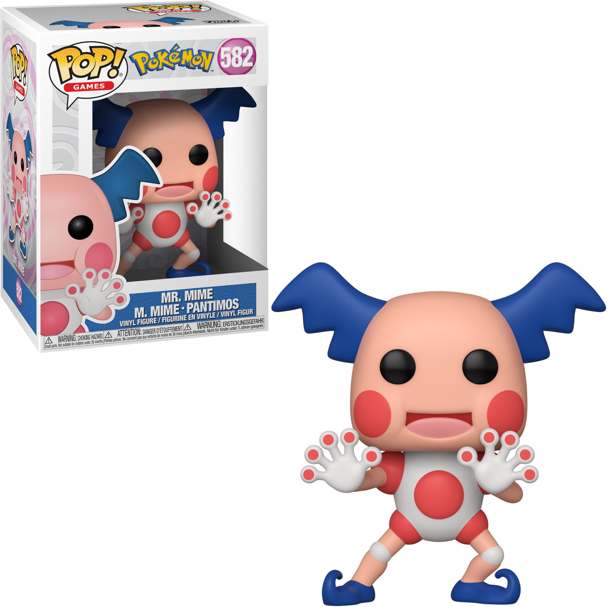 Figura di Mr. Mime in una scatola e fuori dalla scatola. È rosa con capelli blu e macchie rosse. Sfondo bianco.