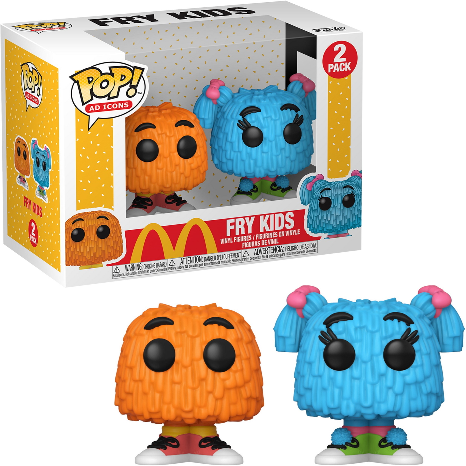 Funko Pop! Fry Kids von McDonald's. Einer orange, einer blau, beide mit breitem Lächeln.
