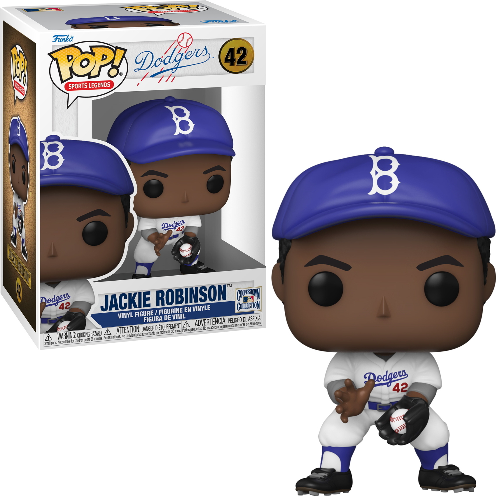 Funko Pop Figur von Jackie Robinson in Dodgers-Uniform mit Baseballhandschuh und Ball. In Box.