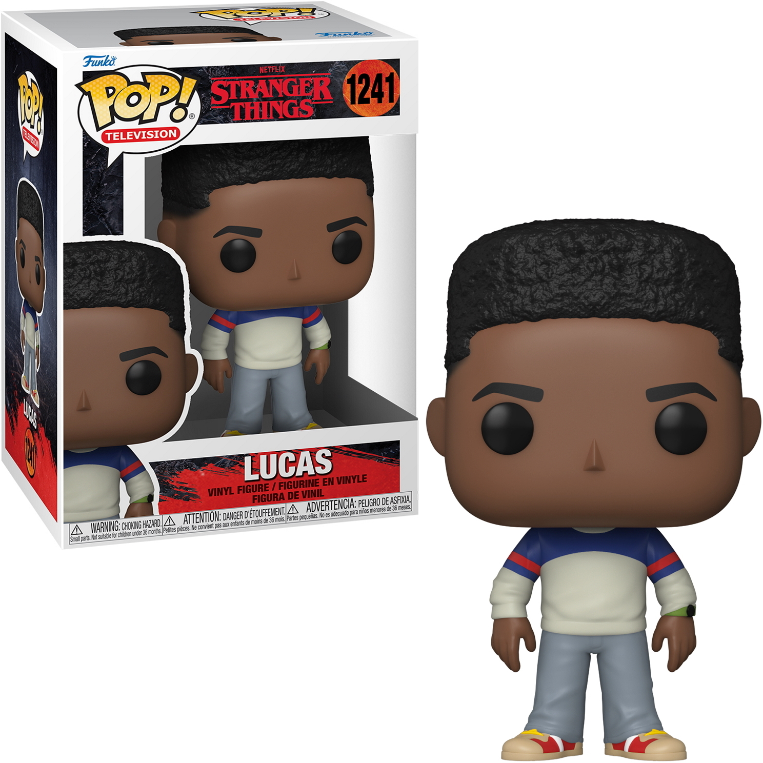 Lucas aus Stranger Things Funko Pop Figur mit Box. Er trägt weißes und blaues Hemd mit grauer Hose.