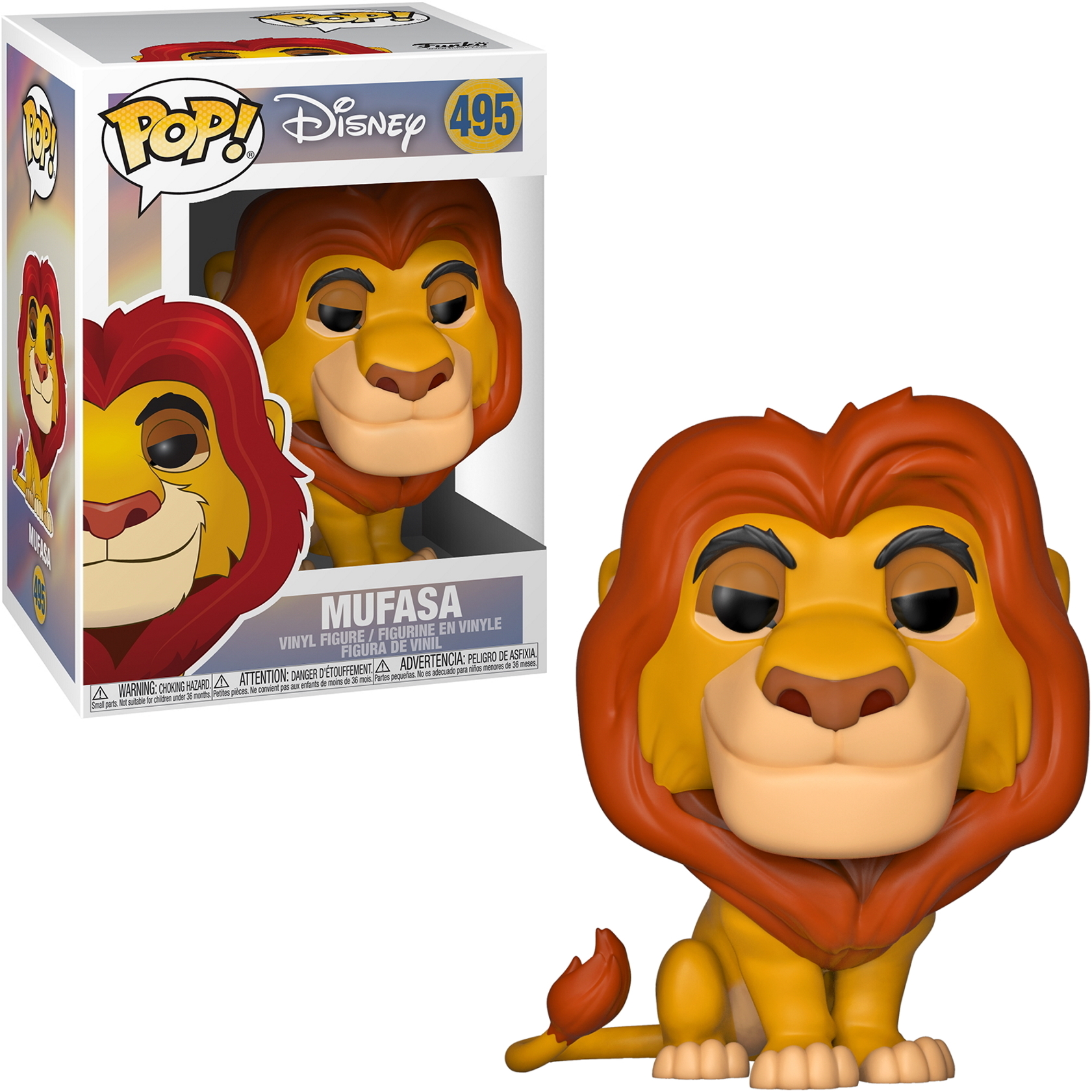 Figura di Mufasa de Il Re Leone della Disney in una scatola, con la figura esposta.