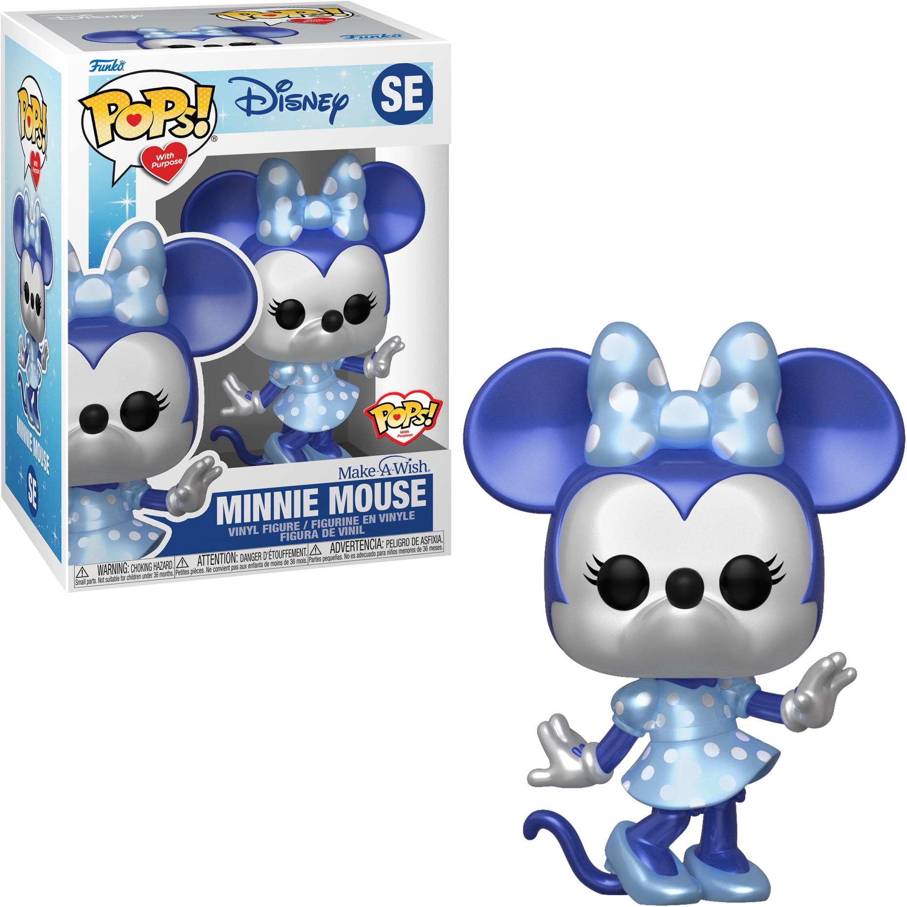 Figura di Minnie Mouse con abito e fiocco blu, in scatola e separatamente.