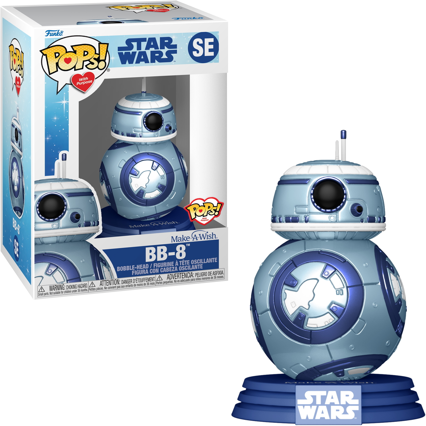 Statuetta BB-8 Funko Pop!. Droide blu e bianco su supporto, in scatola. Serie Star Wars, edizione 'Make A Wish'.