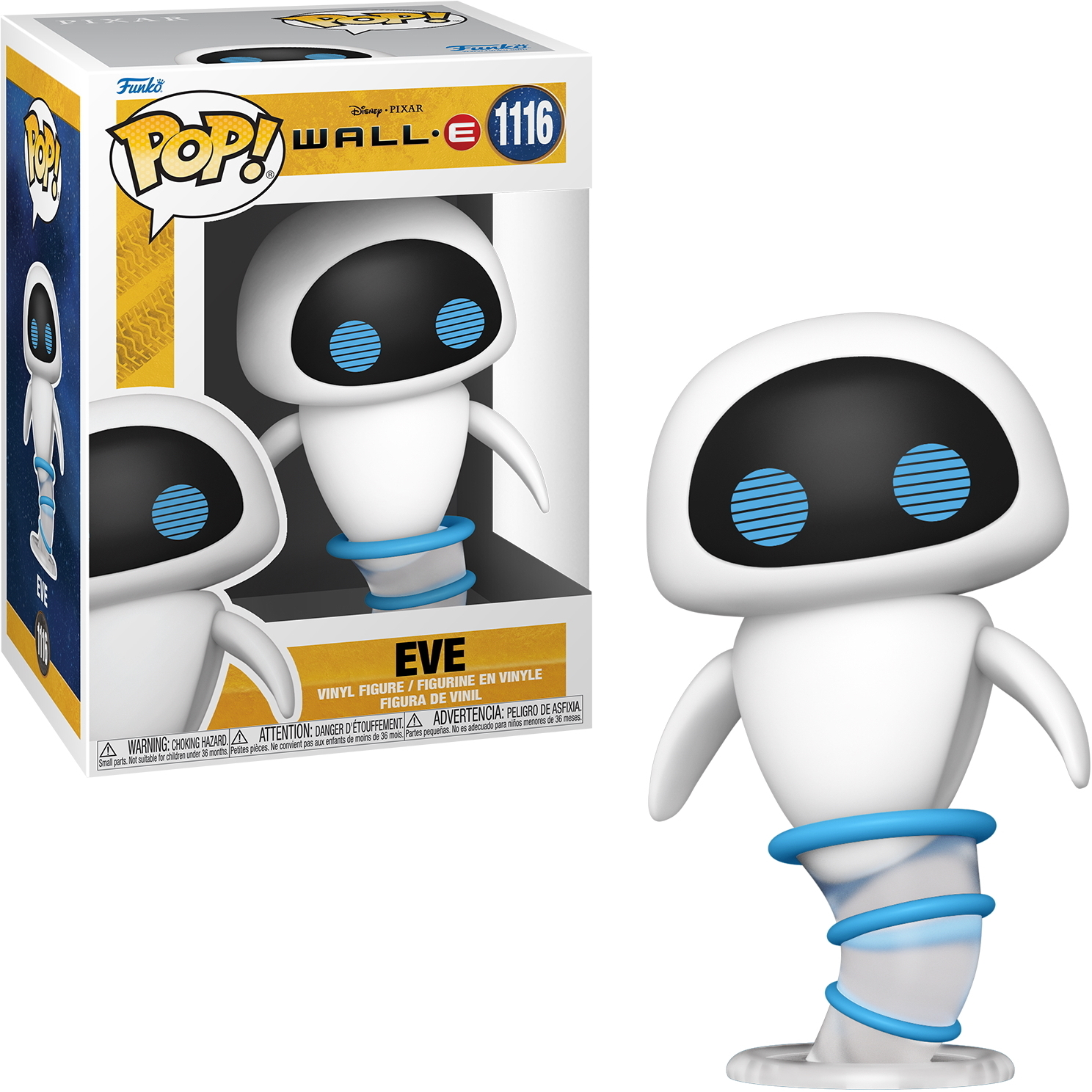 Funko Pop di WALL-E. Robot bianco con occhi neri e dettagli blu.