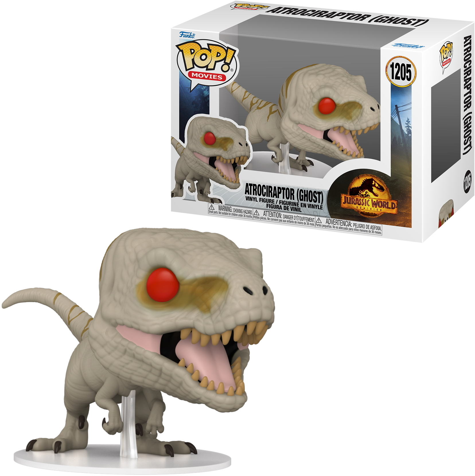 Atrociraptor (Ghost) Figur mit offenem Mund, in einer Box. Beige mit roten Augen, Jurassic World.