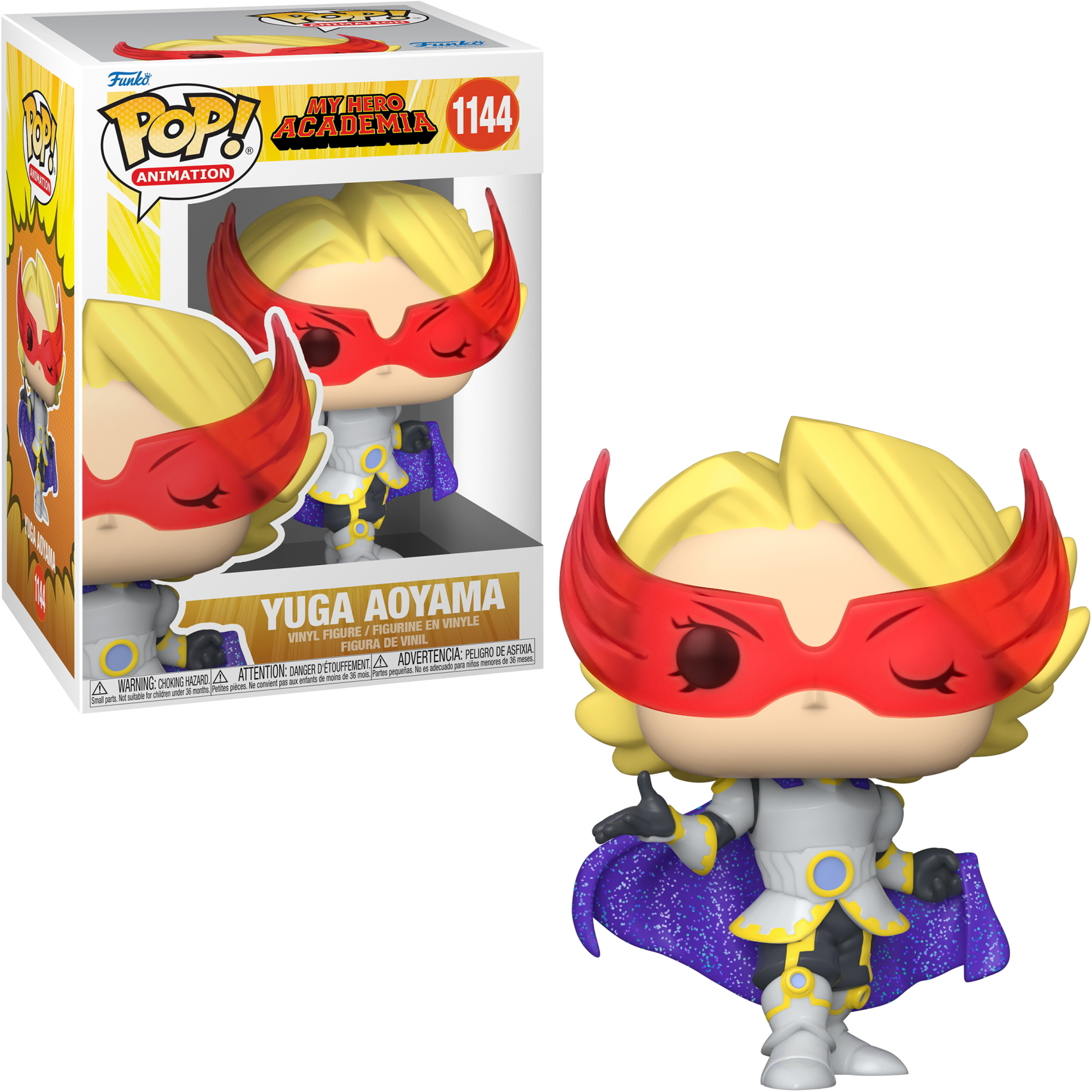 Figura Funko Pop! di Yuga Aoyama di My Hero Academia, con maschera, mantello e abito argentato, scatola a sinistra.