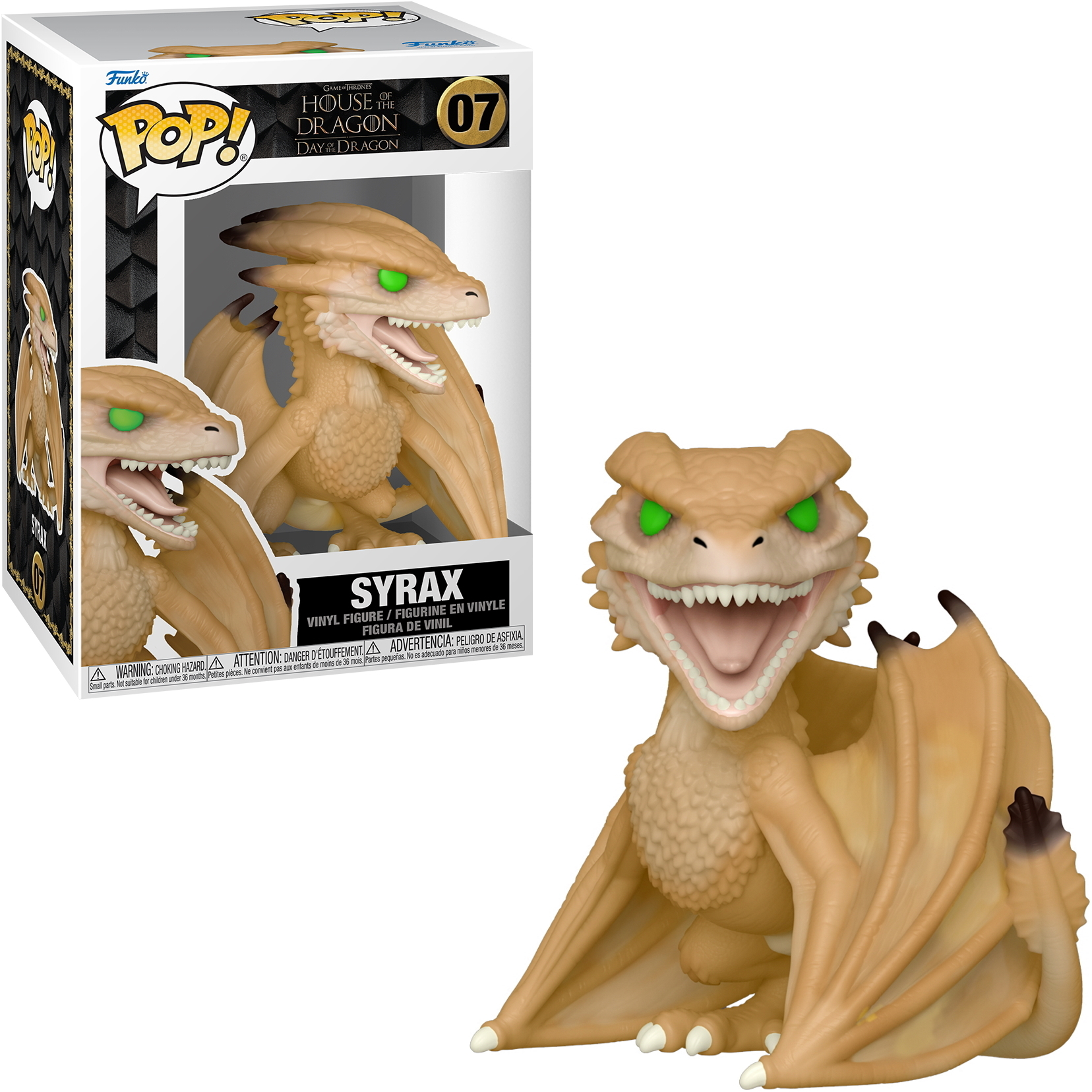 Figura Funko Pop! de un dragón, Syrrax, de House of the Dragon, en una caja.