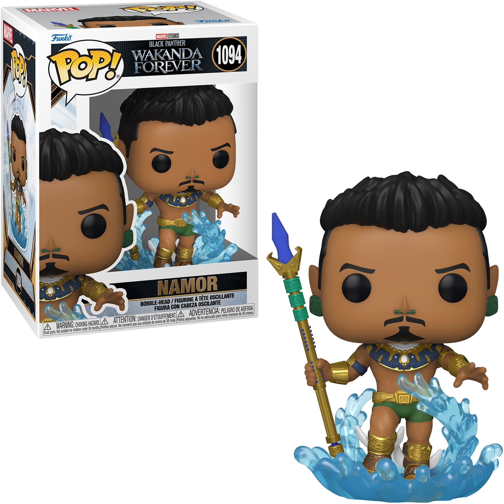Figura de Namor Black Panther, sosteniendo un tridente, en agua. Figura en caja, Marvel Comics.