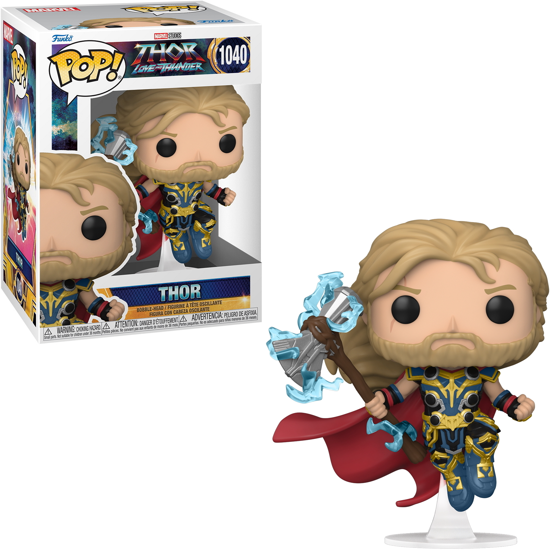 Figura di Thor Funko Pop dentro e fuori dalla scatola. Thor tiene un martello con fulmini blu, in una posa dinamica.