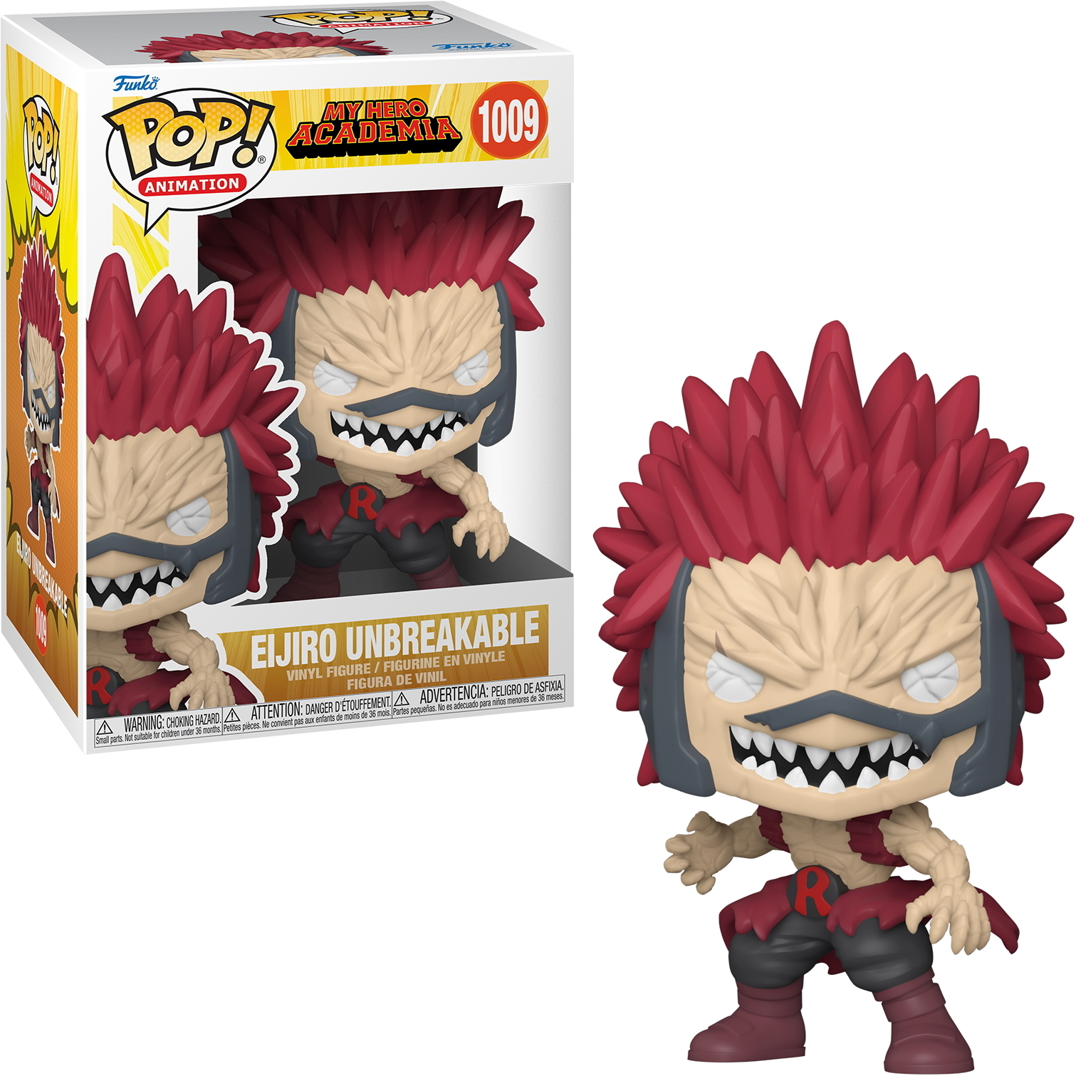Eijiro Unbreakable Funko Pop Figur mit stacheligem rotem Haar und Box.