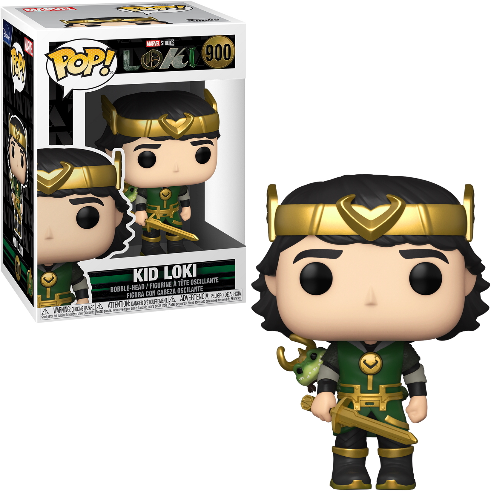 Kid Loki Funko Pop-figuur in doos. Figuur is groen en goud, met een kleine draak.