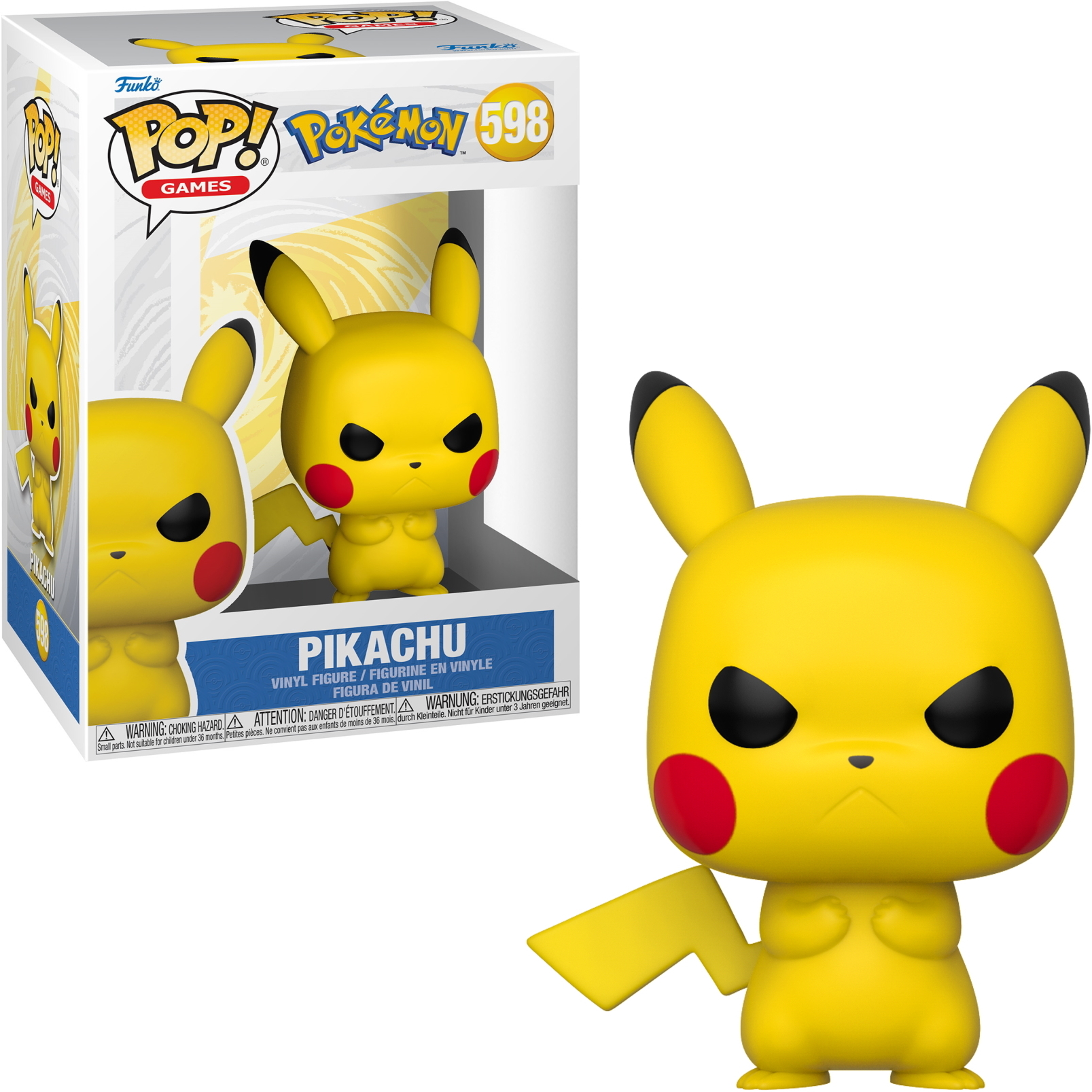 Figura di Pikachu in una scatola e fuori dalla scatola. Pikachu è giallo con occhi neri e guance rosse. Sfondo bianco.