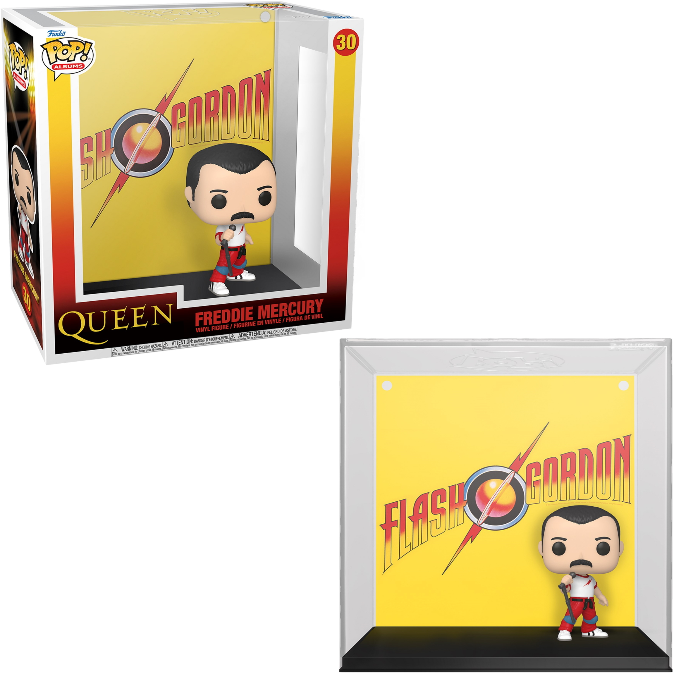 Freddie Mercury Funko Pop figuur in een vitrine. Hij draagt een rood-witte outfit en houdt een microfoon vast.
