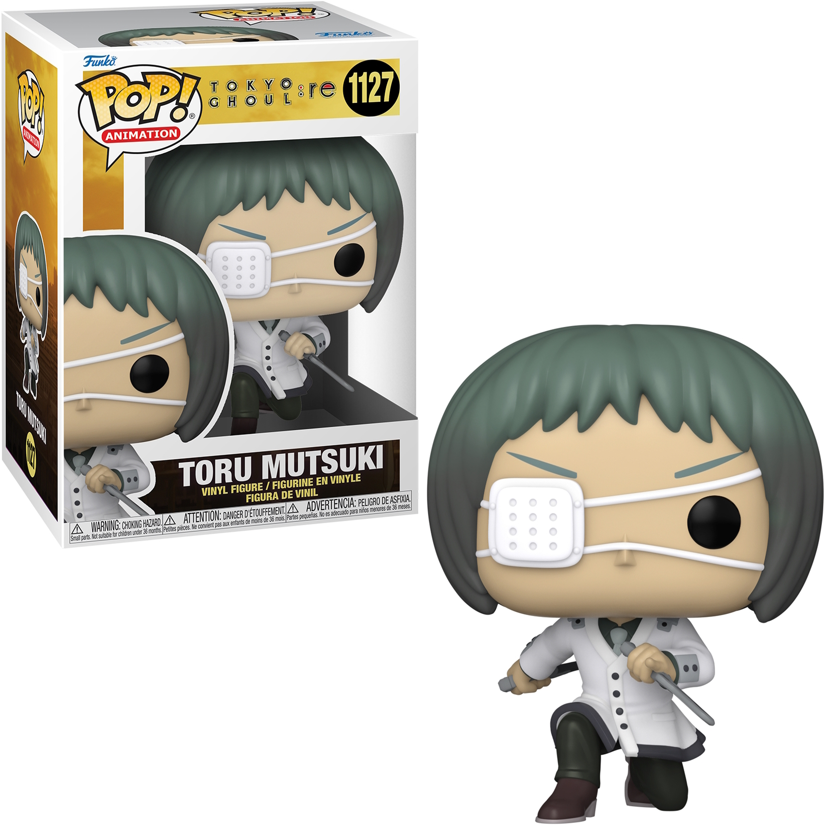 Una figura di Toru Mutsuki Funko Pop! in una scatola, e la figura in piedi accanto alla scatola.