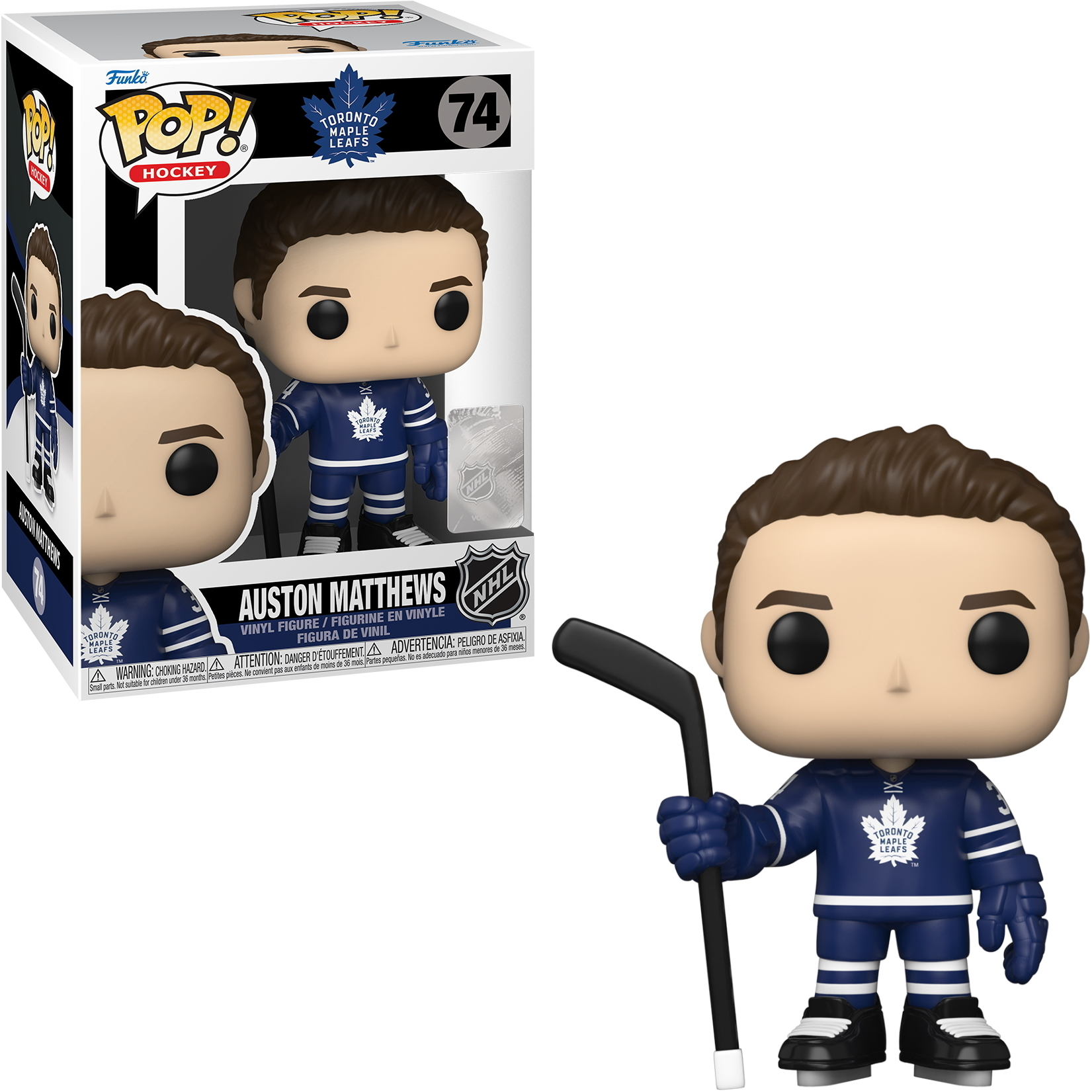 Funko Pop Figur eines Hockeyspielers in blauem Trikot. Die Figur befindet sich in ihrer Box.