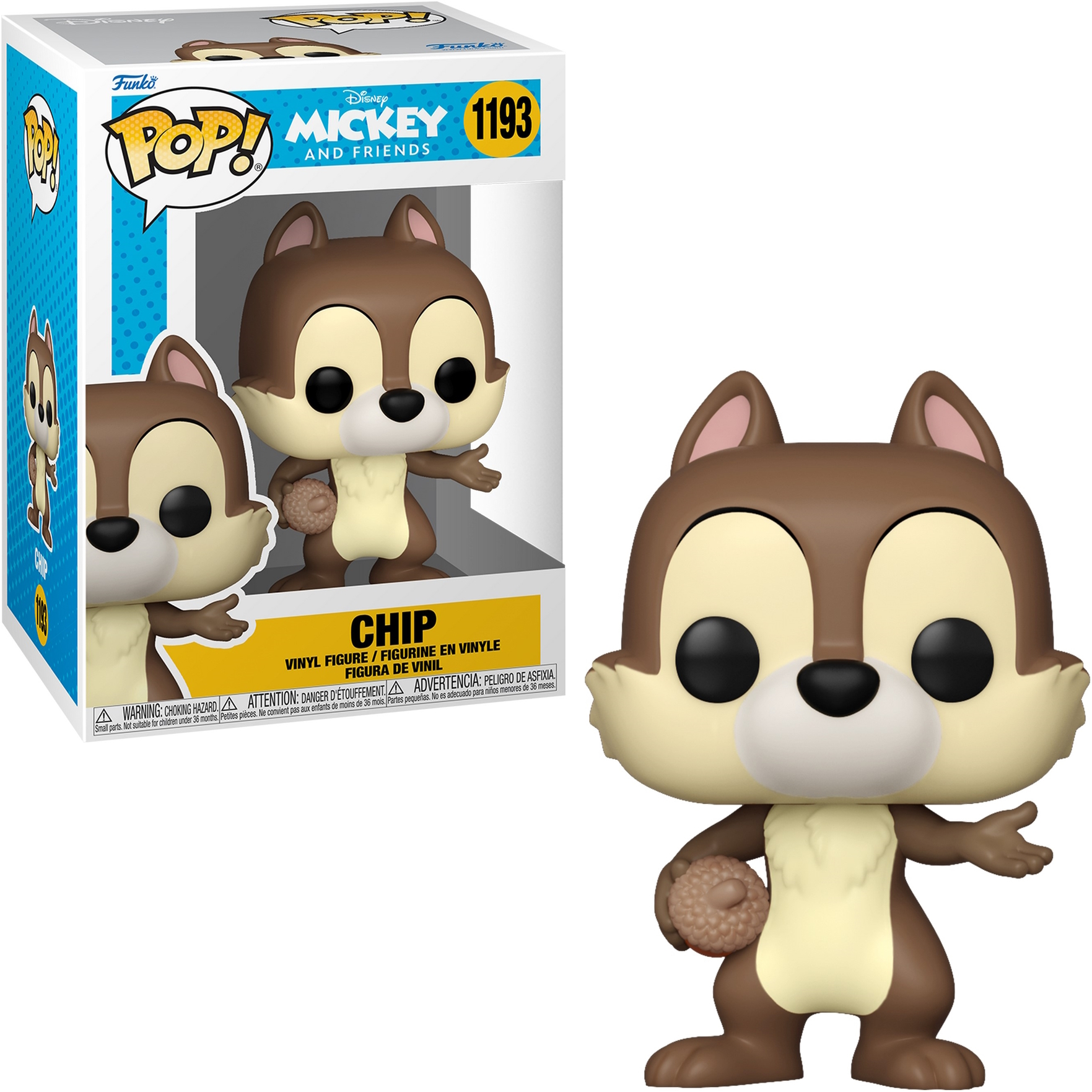 Eine Chip Funko Pop Figur in einer Box. Chip ist ein braunes Eichhörnchen, das eine Eichel hält.