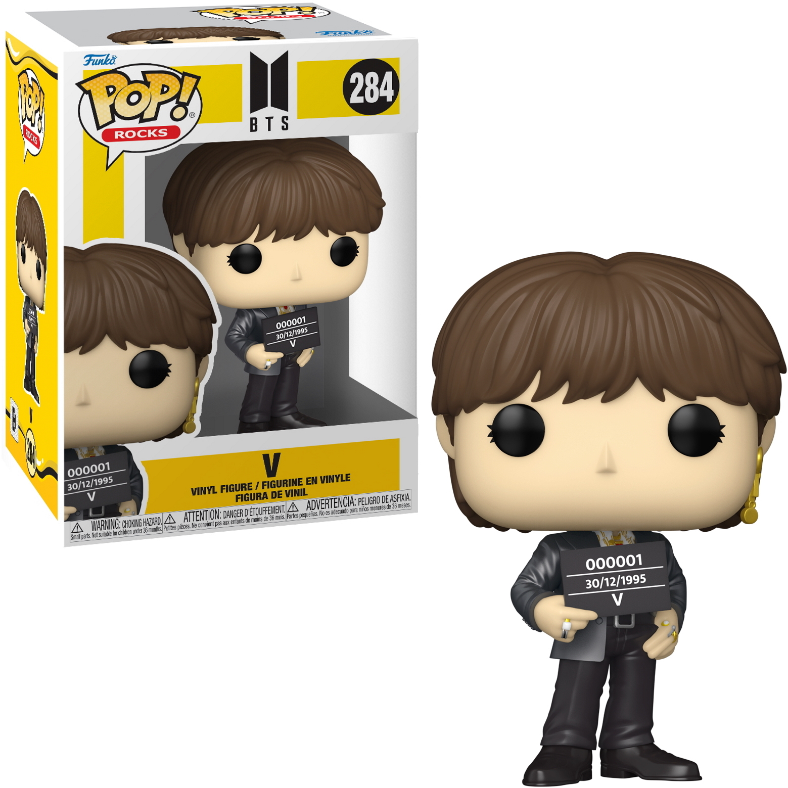 Funko Pop von BTS V Figur. Figur hält ein Schild, in einer Box. Blondes Haar.